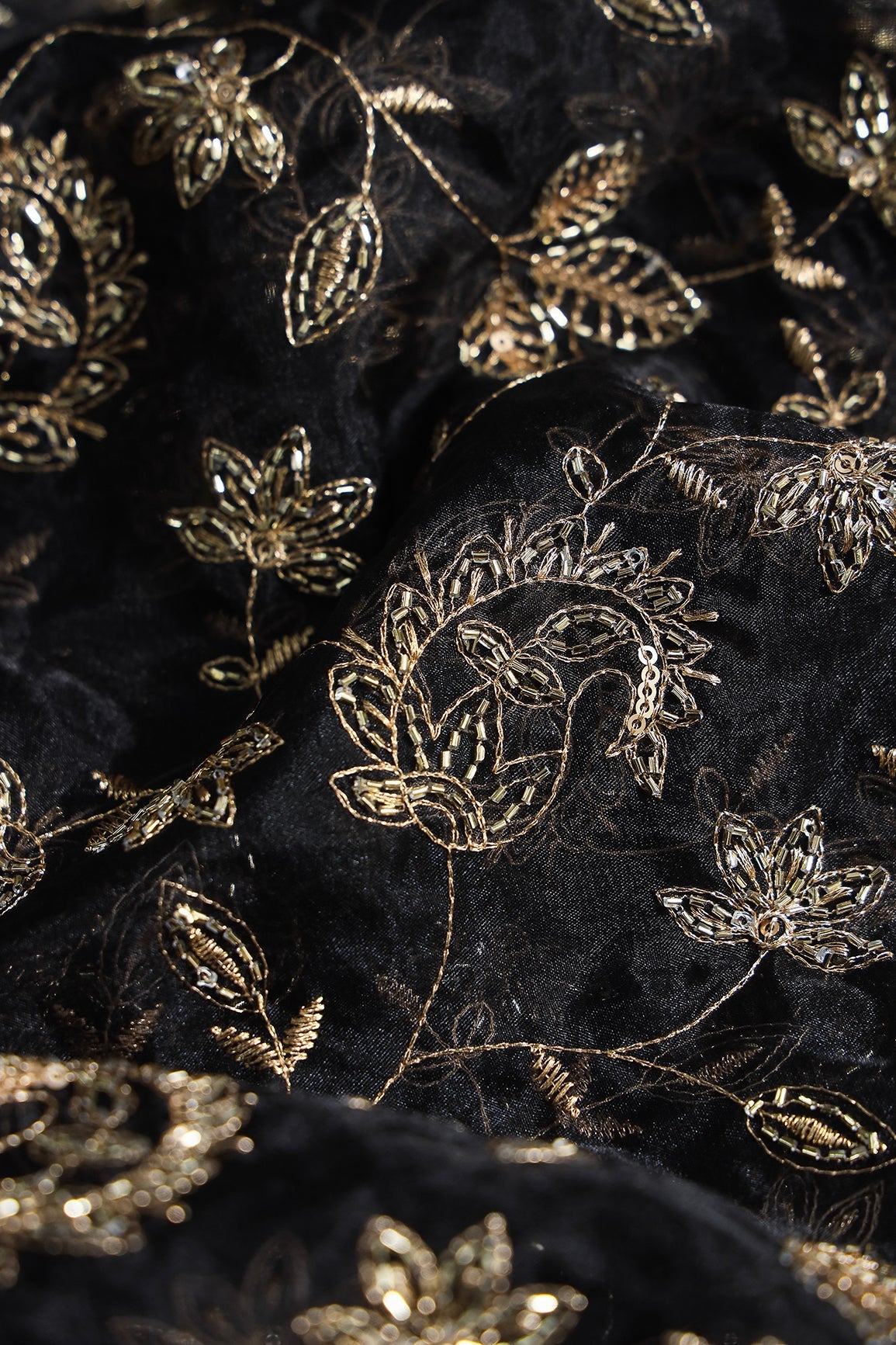 Gold Sequins & Beads With Zari Floral Leafy Paisley Embroidery Work On Black Organza Fabric - doeraa