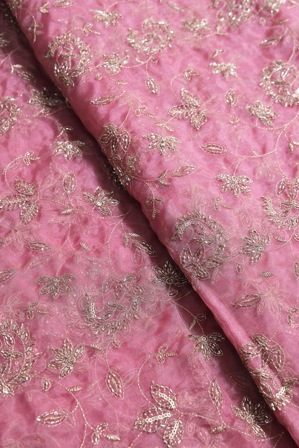 Gold Sequins & Beads With Zari Floral Leafy Paisley Embroidery Work On Dusty Rose Pink Organza Fabric - doeraa