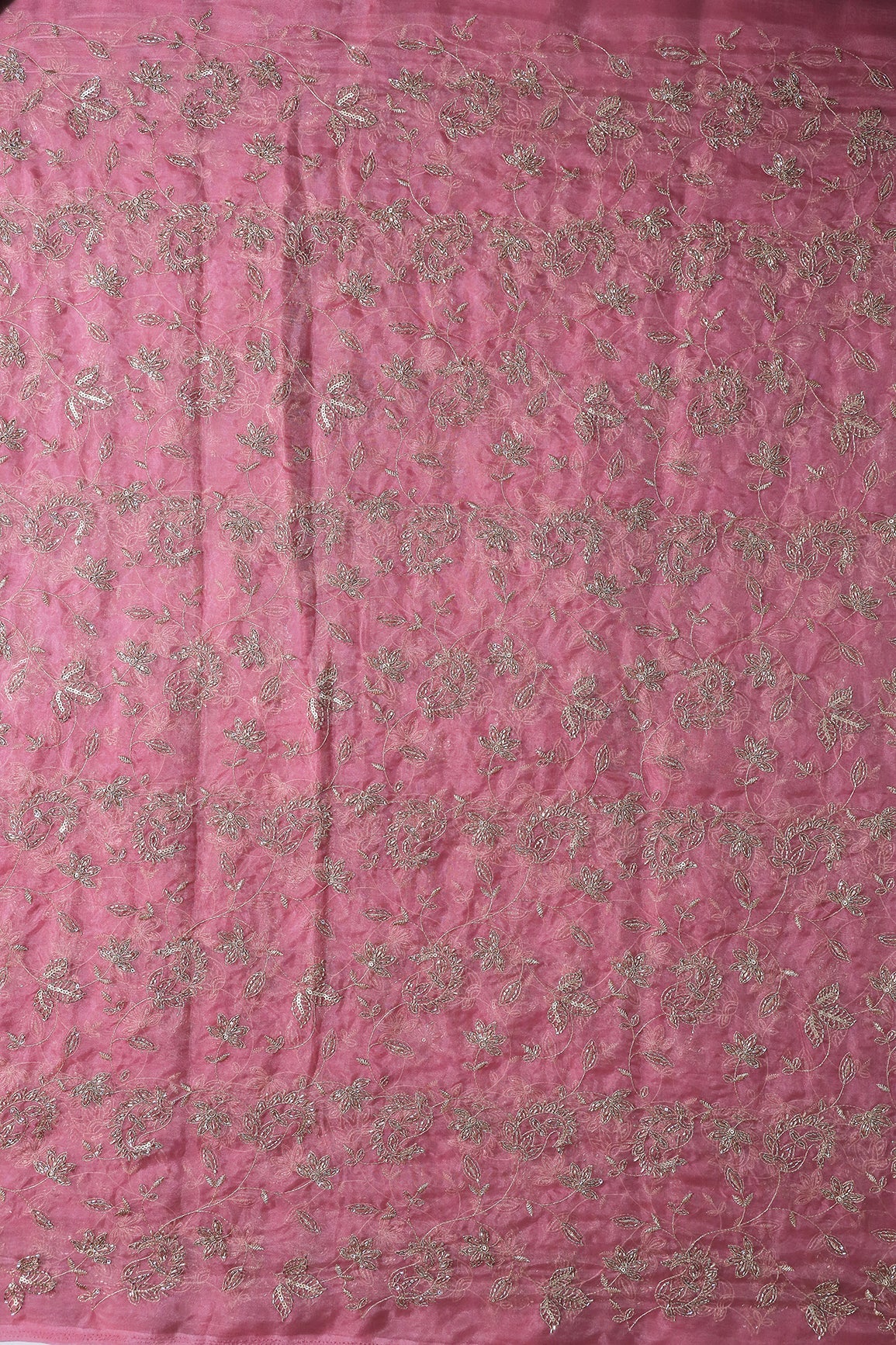 Gold Sequins & Beads With Zari Floral Leafy Paisley Embroidery Work On Dusty Rose Pink Organza Fabric - doeraa