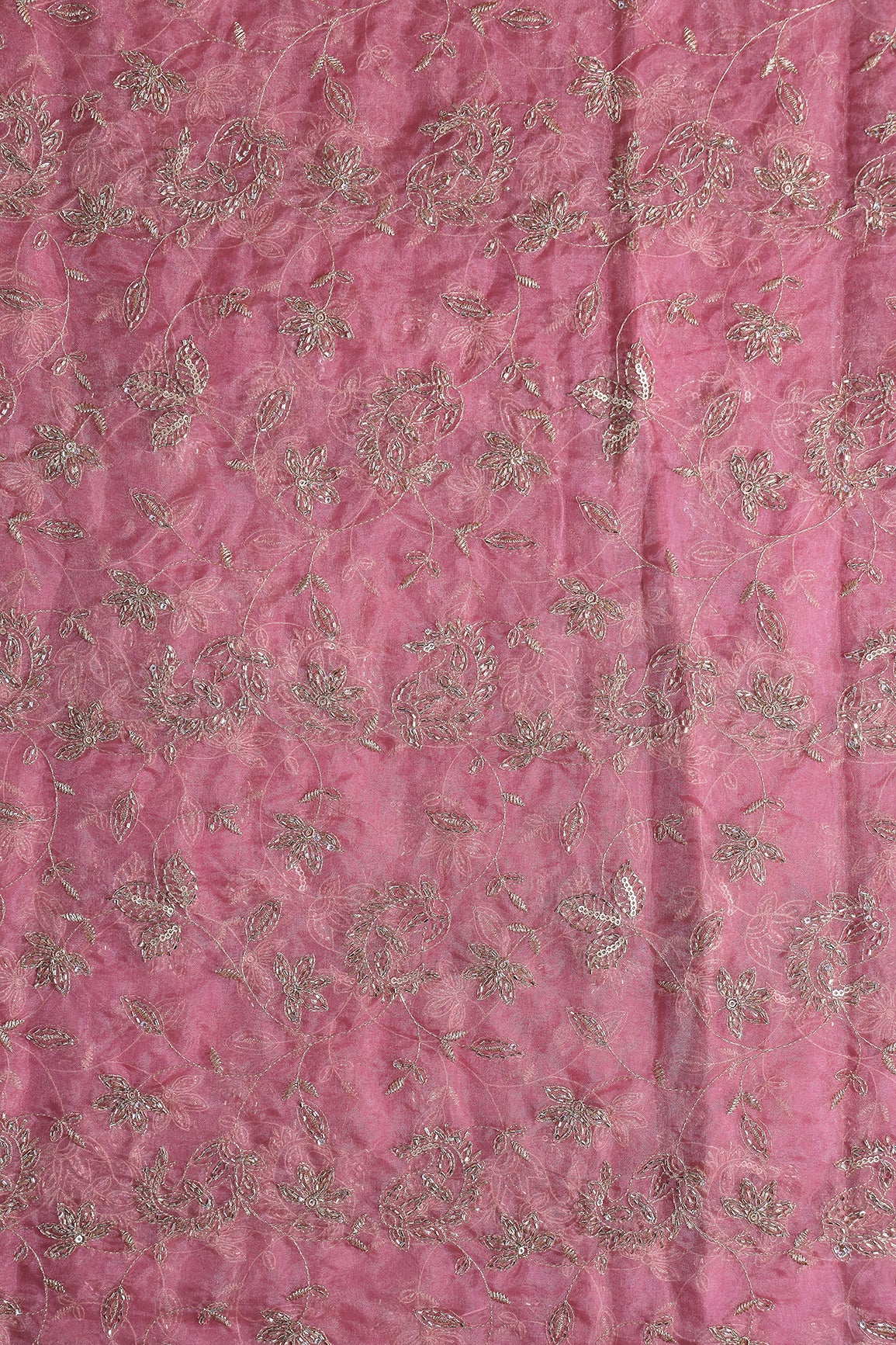 Gold Sequins & Beads With Zari Floral Leafy Paisley Embroidery Work On Dusty Rose Pink Organza Fabric - doeraa