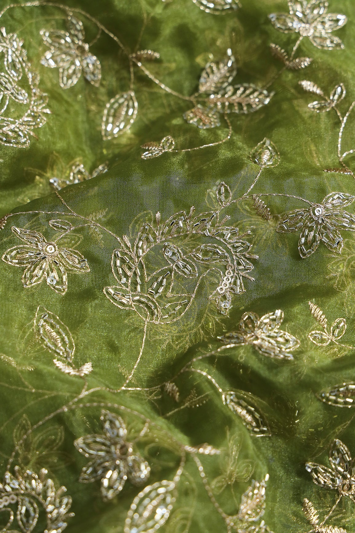 Gold Sequins & Beads With Zari Floral Leafy Paisley Embroidery Work On Green Organza Fabric - doeraa