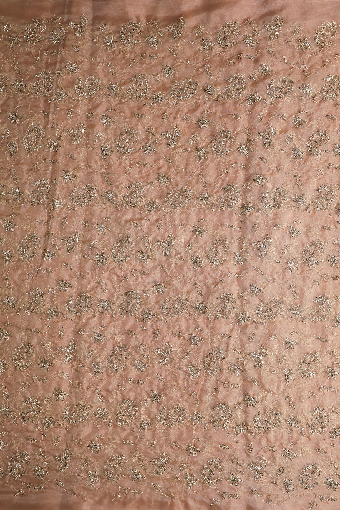 Gold Sequins & Beads With Zari Floral Leafy Paisley Embroidery Work On Light Brown Organza Fabric - doeraa