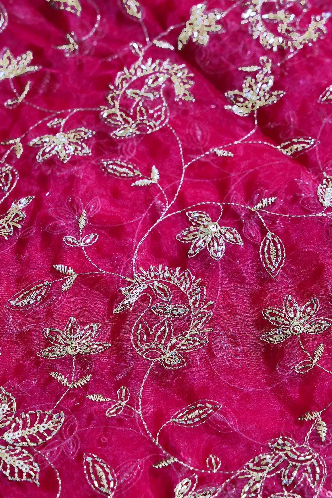 Gold Sequins & Beads With Zari Floral Leafy Paisley Embroidery Work On Rani Organza Fabric - doeraa