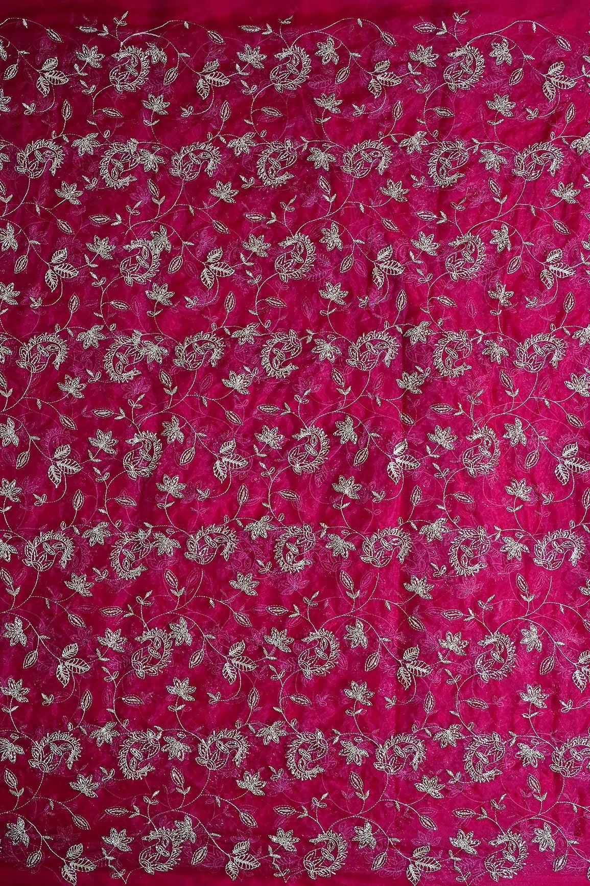 Gold Sequins & Beads With Zari Floral Leafy Paisley Embroidery Work On Rani Organza Fabric - doeraa