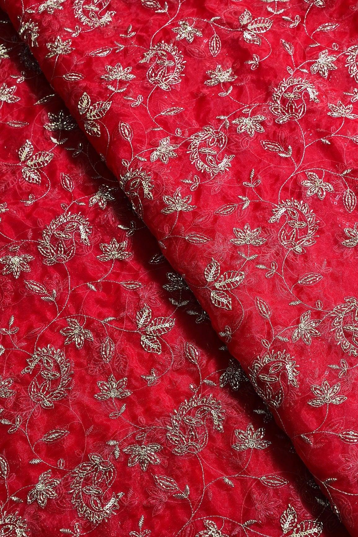 Gold Sequins & Beads With Zari Floral Leafy Paisley Embroidery Work On Red Organza Fabric - doeraa