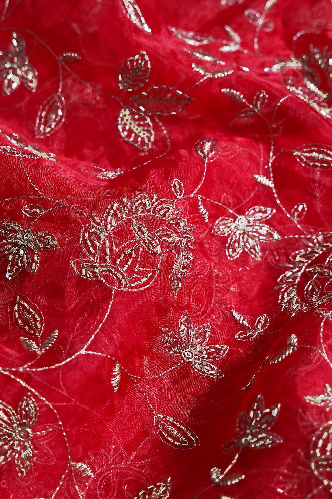 Gold Sequins & Beads With Zari Floral Leafy Paisley Embroidery Work On Red Organza Fabric - doeraa
