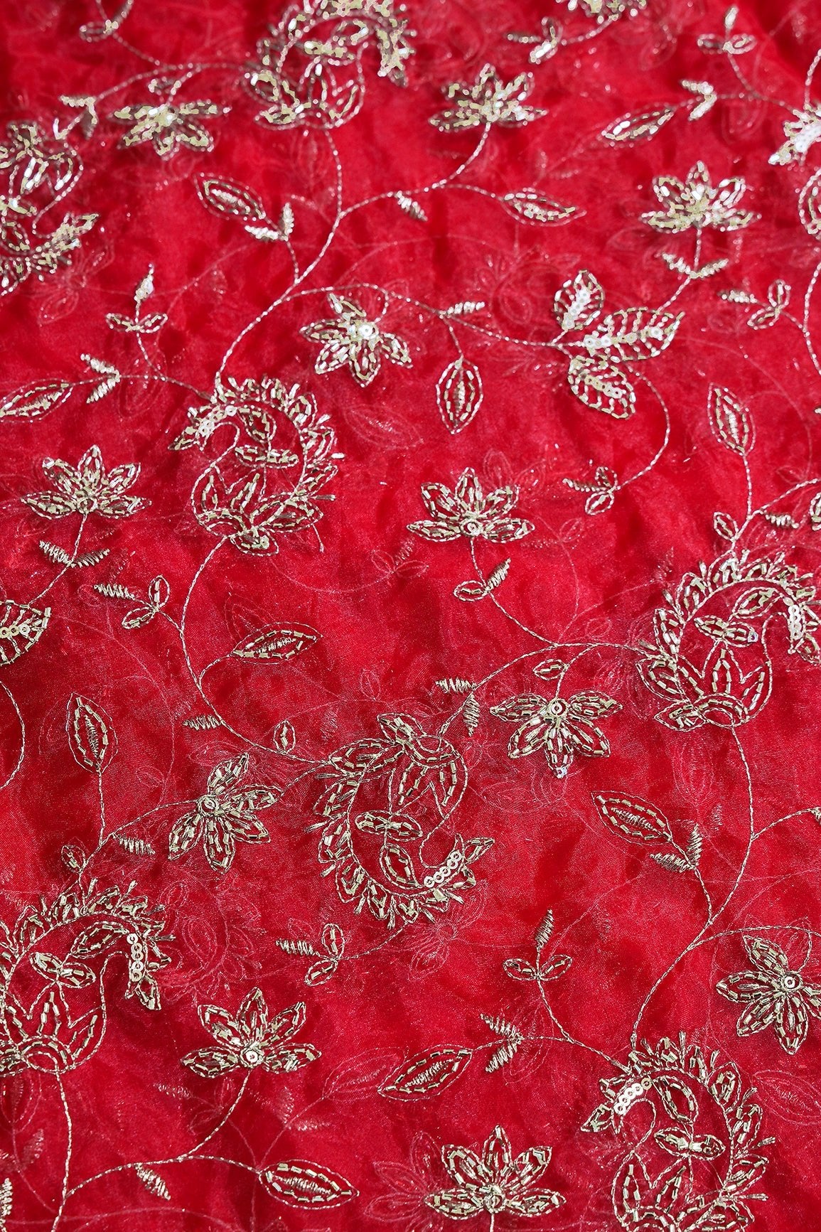 Gold Sequins & Beads With Zari Floral Leafy Paisley Embroidery Work On Red Organza Fabric - doeraa