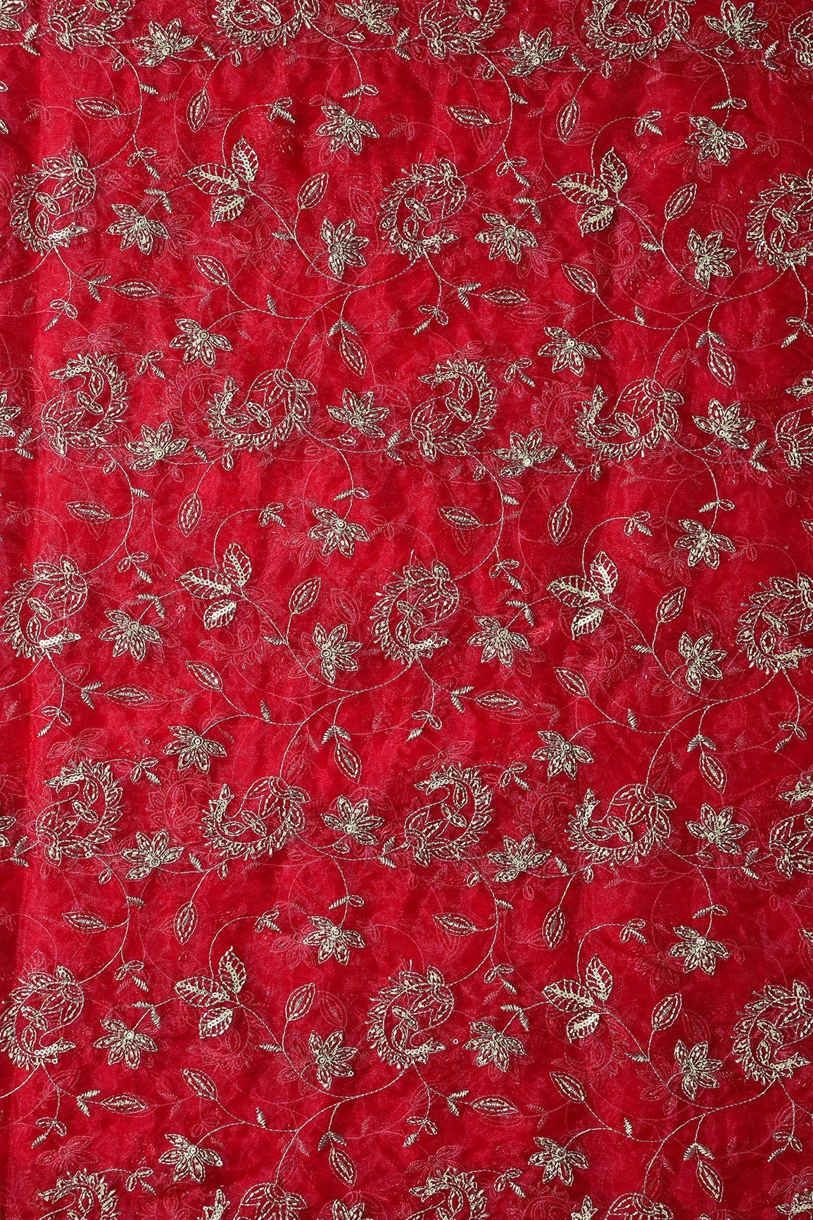 Gold Sequins & Beads With Zari Floral Leafy Paisley Embroidery Work On Red Organza Fabric - doeraa