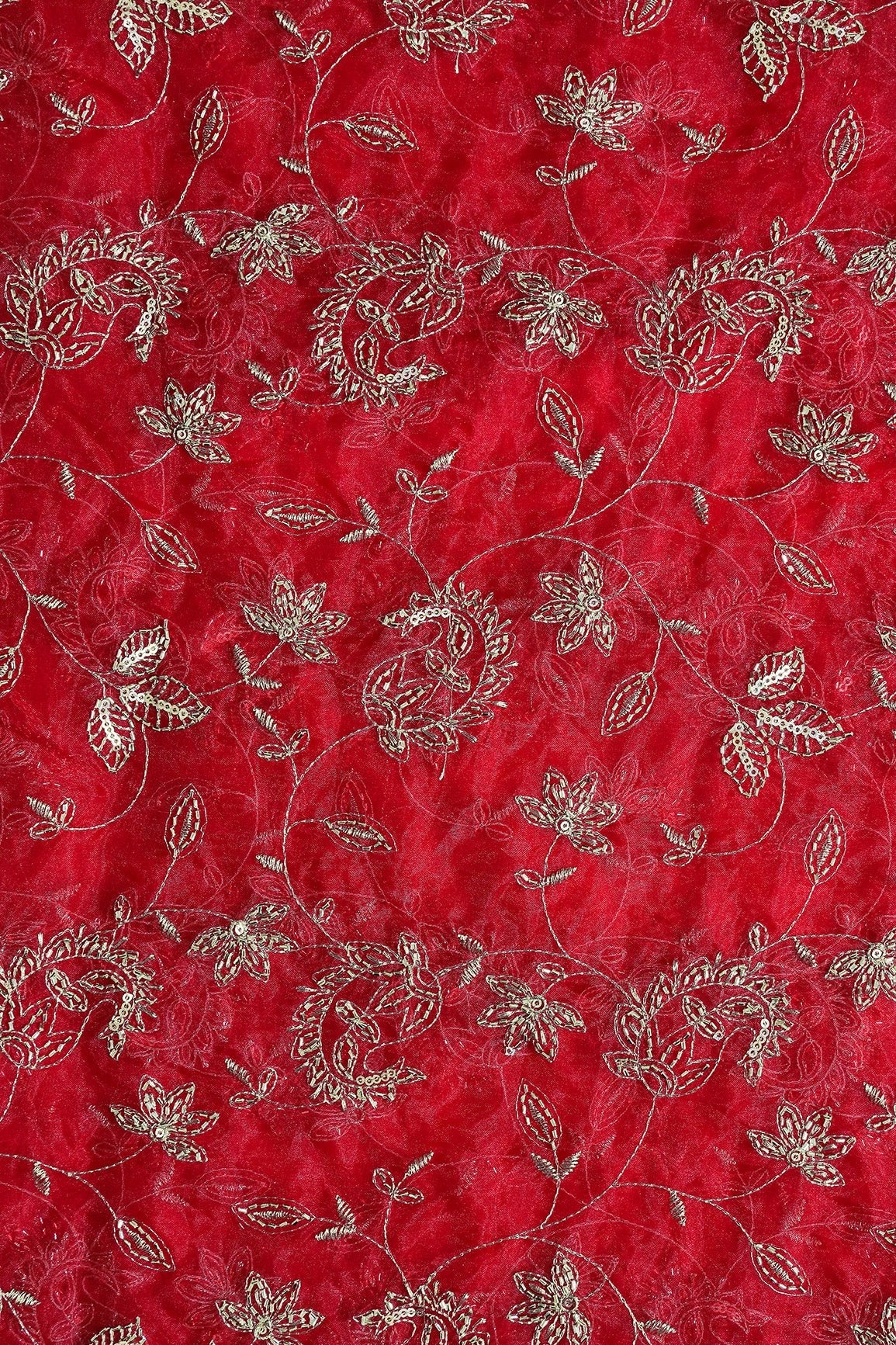 Gold Sequins & Beads With Zari Floral Leafy Paisley Embroidery Work On Red Organza Fabric - doeraa
