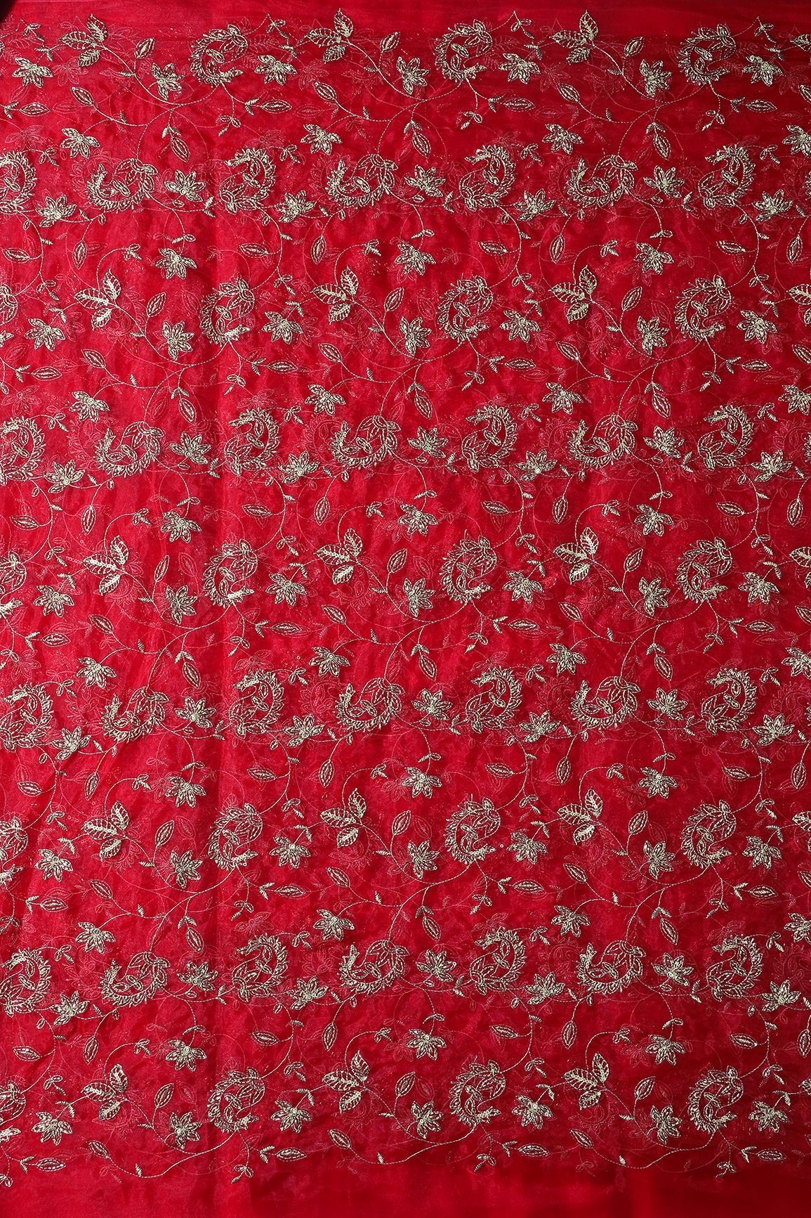 Gold Sequins & Beads With Zari Floral Leafy Paisley Embroidery Work On Red Organza Fabric - doeraa