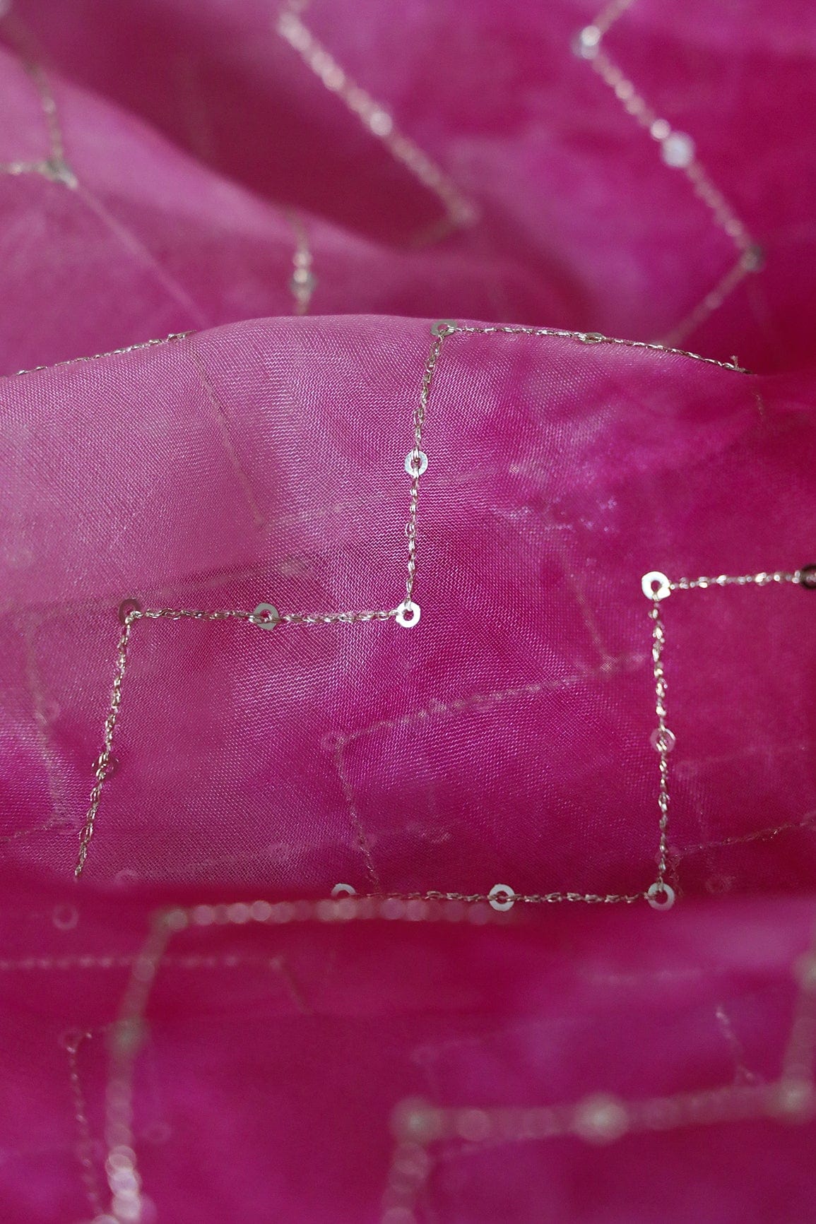 Gold Sequins Chevron Embroidery Work On Tie & Dye Dark Pink Organza Fabric - doeraa