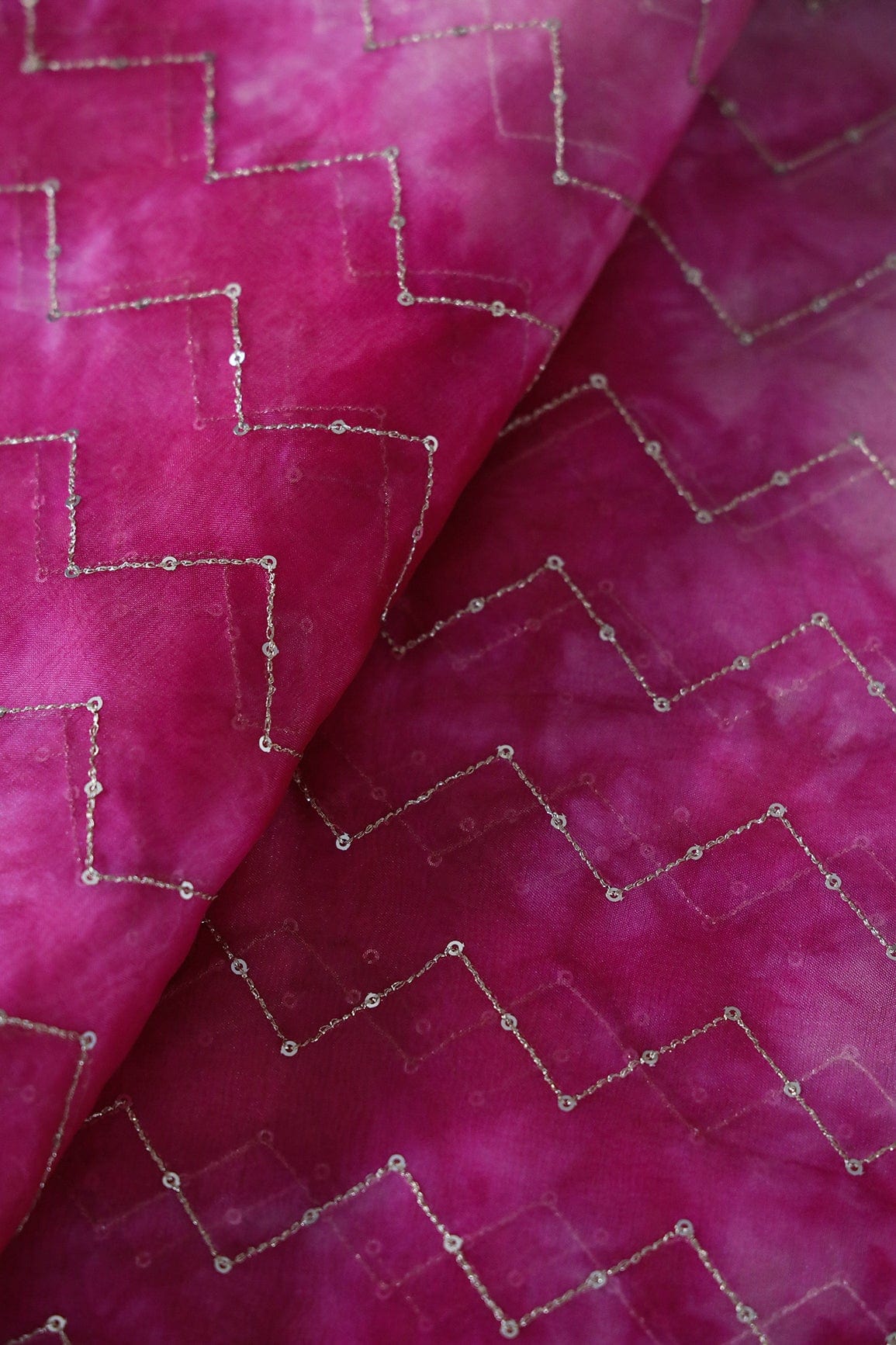 Gold Sequins Chevron Embroidery Work On Tie & Dye Dark Pink Organza Fabric - doeraa