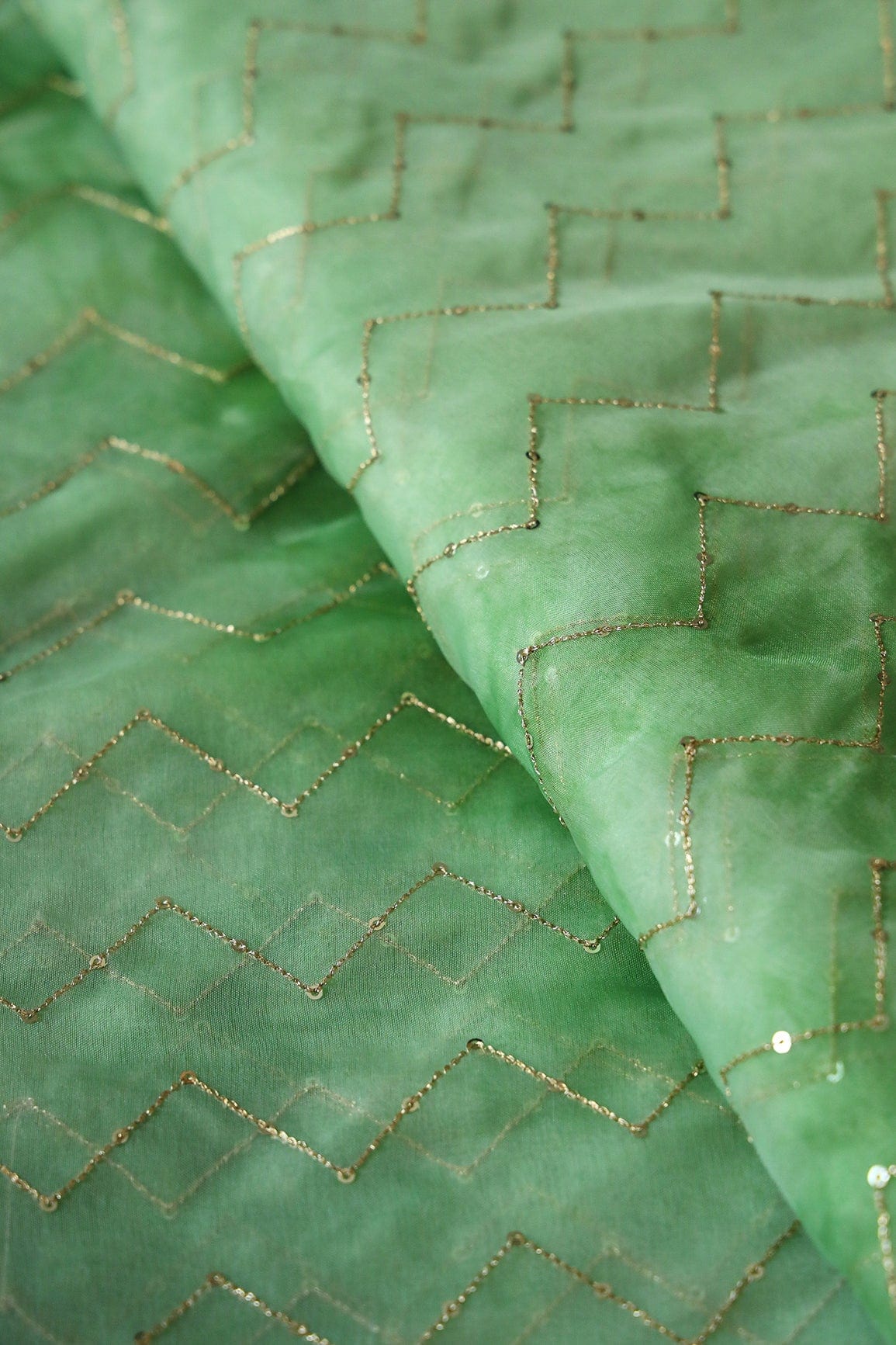 Gold Sequins Chevron Embroidery Work On Tie & Dye Olive Organza Fabric - doeraa