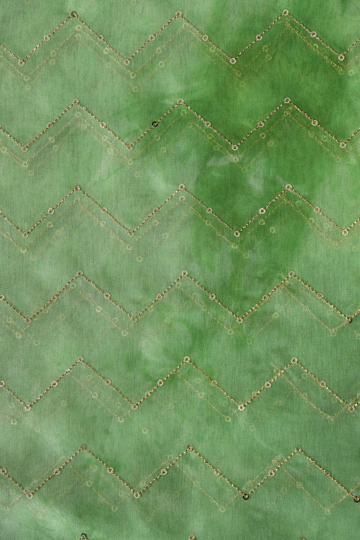 Gold Sequins Chevron Embroidery Work On Tie & Dye Olive Organza Fabric - doeraa