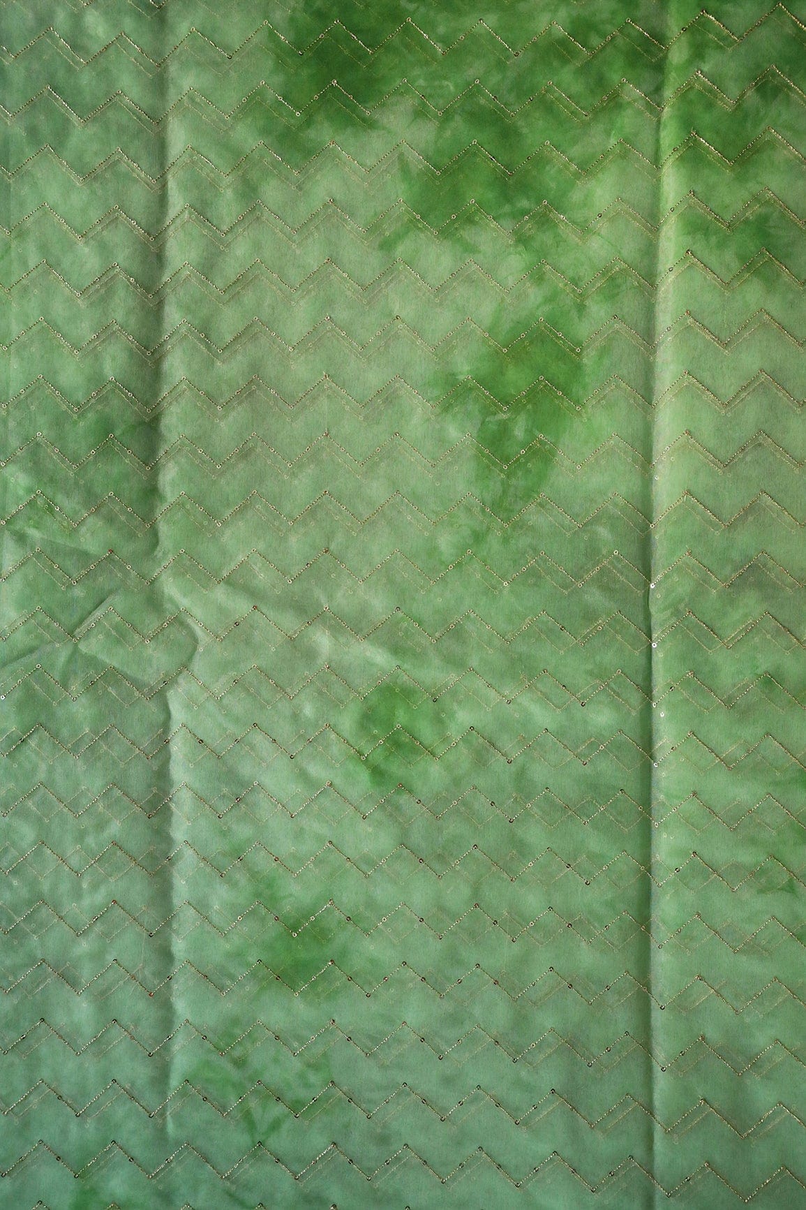 Gold Sequins Chevron Embroidery Work On Tie & Dye Olive Organza Fabric - doeraa
