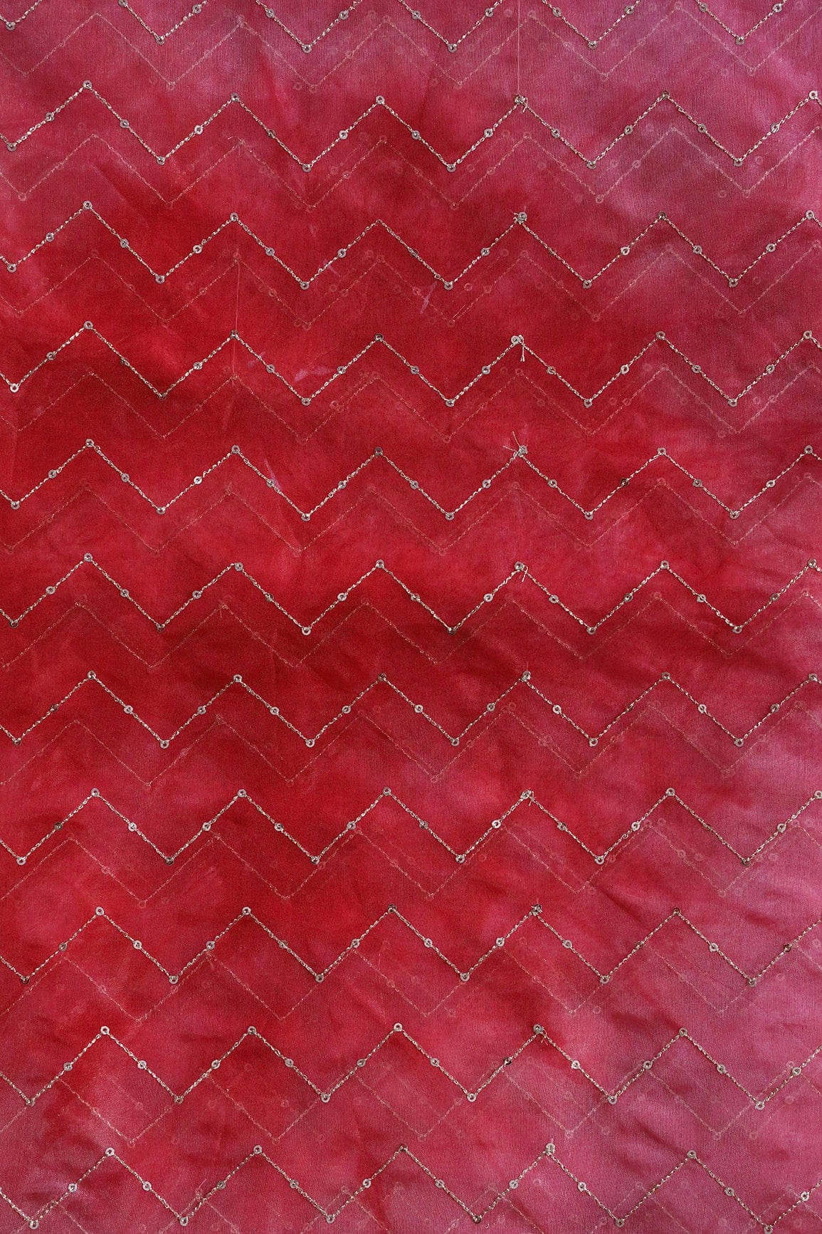 Gold Sequins Chevron Embroidery Work On Tie & Dye Red Organza Fabric - doeraa