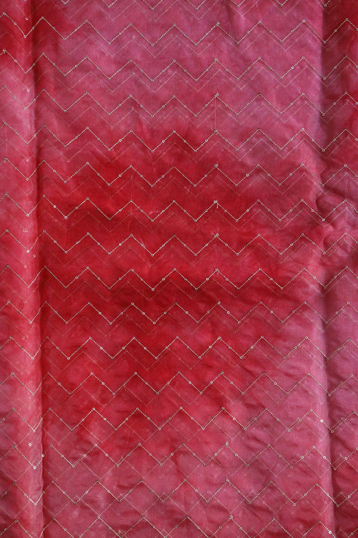 Gold Sequins Chevron Embroidery Work On Tie & Dye Red Organza Fabric - doeraa