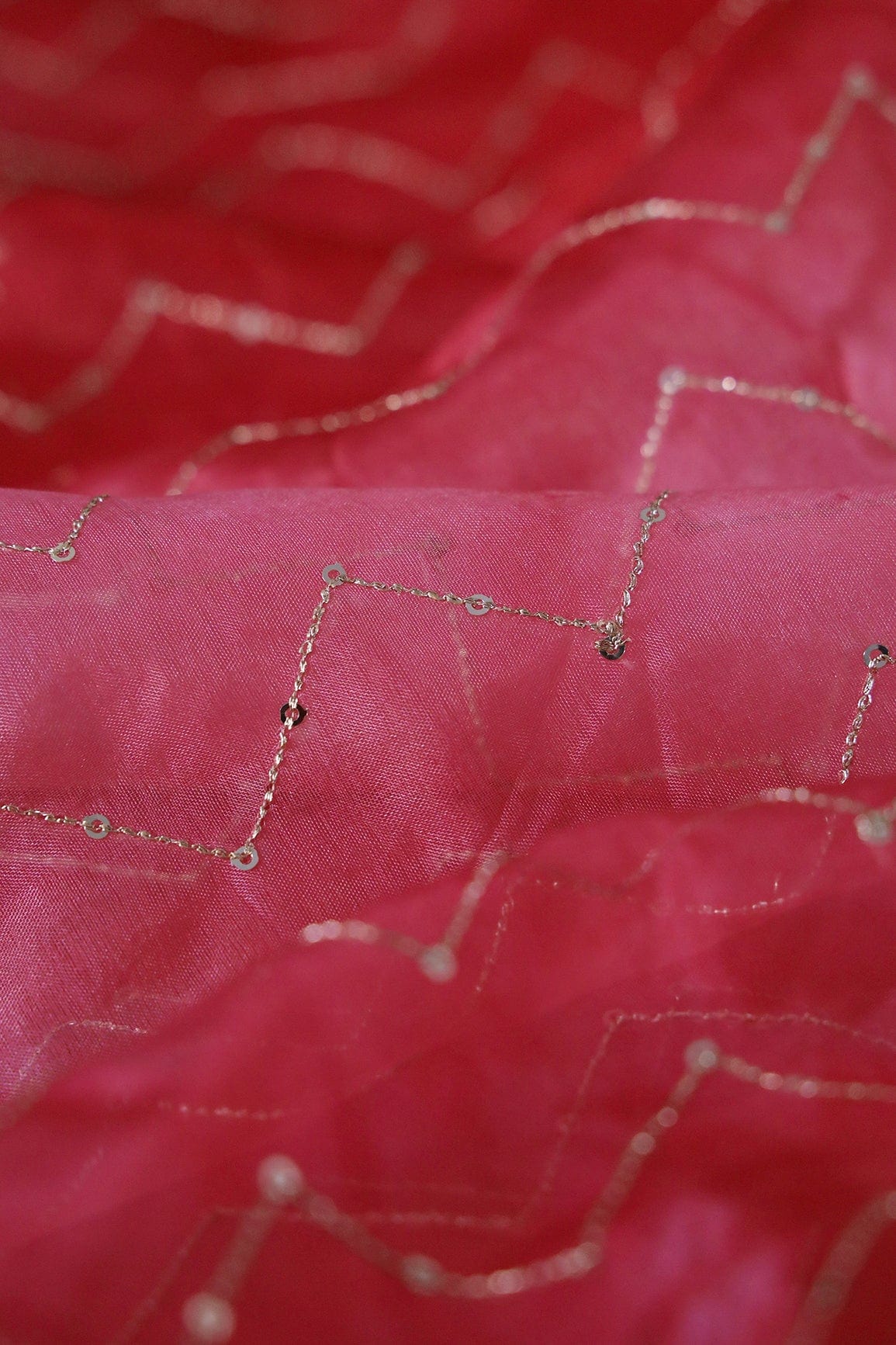 Gold Sequins Chevron Embroidery Work On Tie & Dye Red Organza Fabric - doeraa