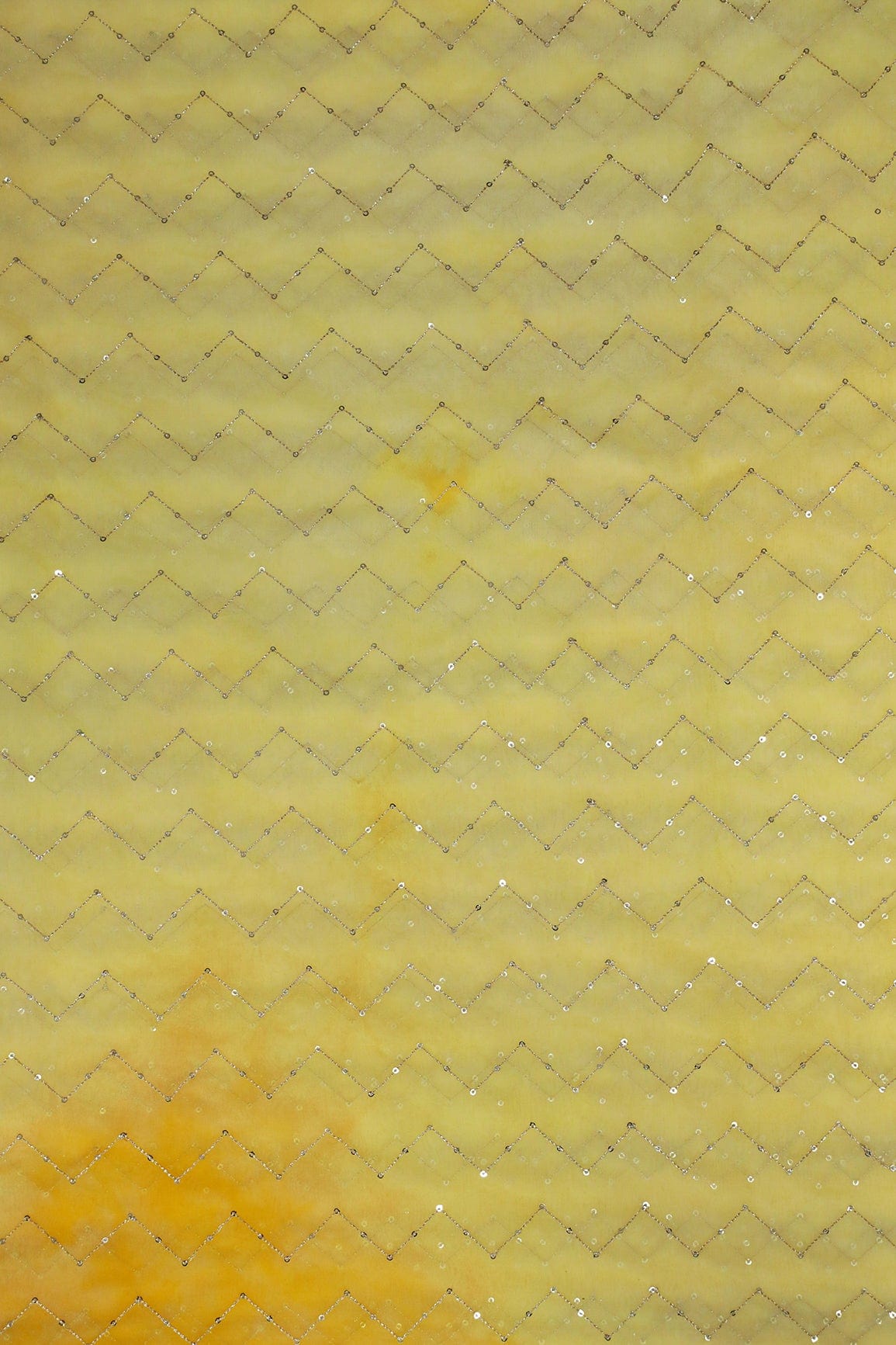 Gold Sequins Chevron Embroidery Work On Tie & Dye Yellow Organza Fabric - doeraa