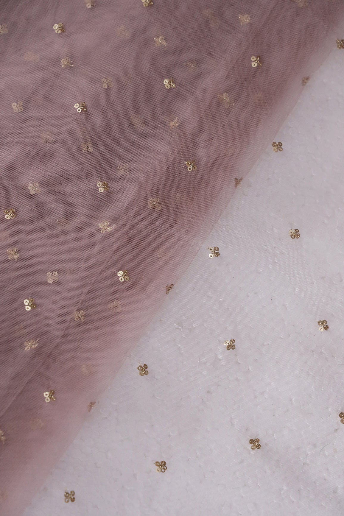 Gold Sequins Small Motif Embroidery Work On Mauve Soft Net Fabric - doeraa