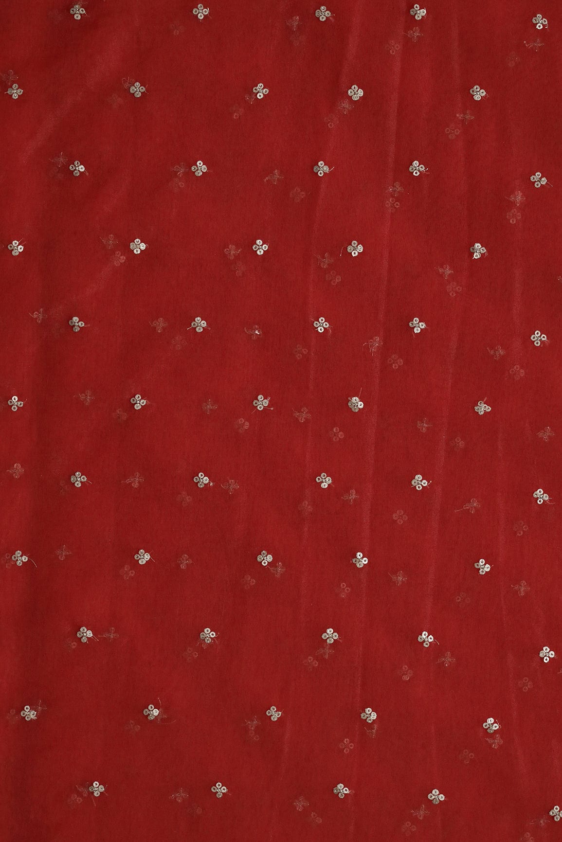 Gold Sequins Small Motif Embroidery Work On Red Organza Fabric - doeraa