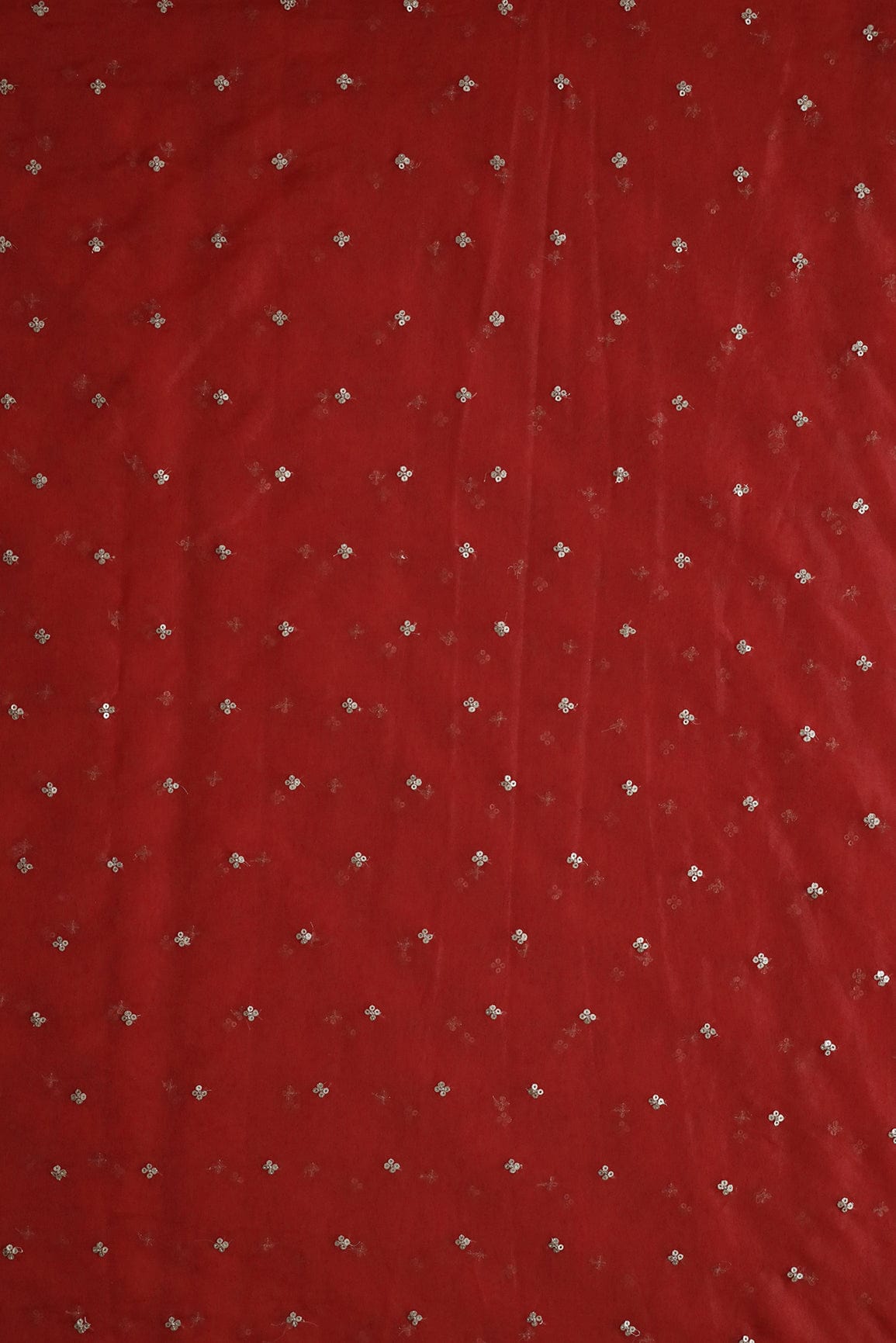 Gold Sequins Small Motif Embroidery Work On Red Organza Fabric - doeraa