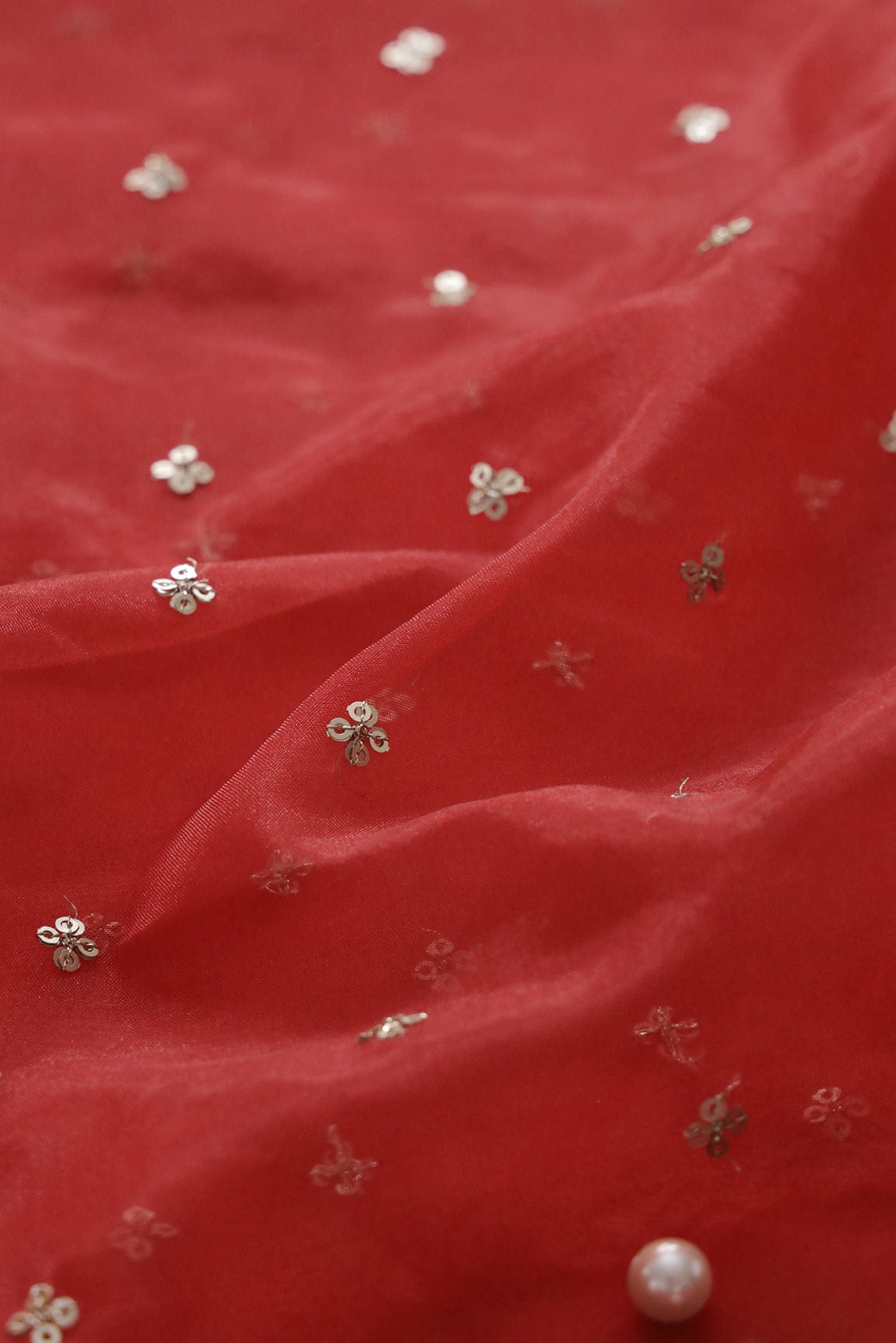 Gold Sequins Small Motif Embroidery Work On Red Organza Fabric - doeraa