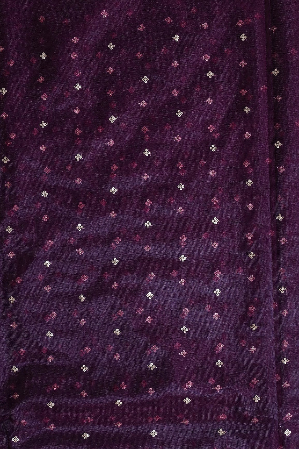 Gold Sequins Small Motif Embroidery Work On Wine Soft Net Fabric - doeraa