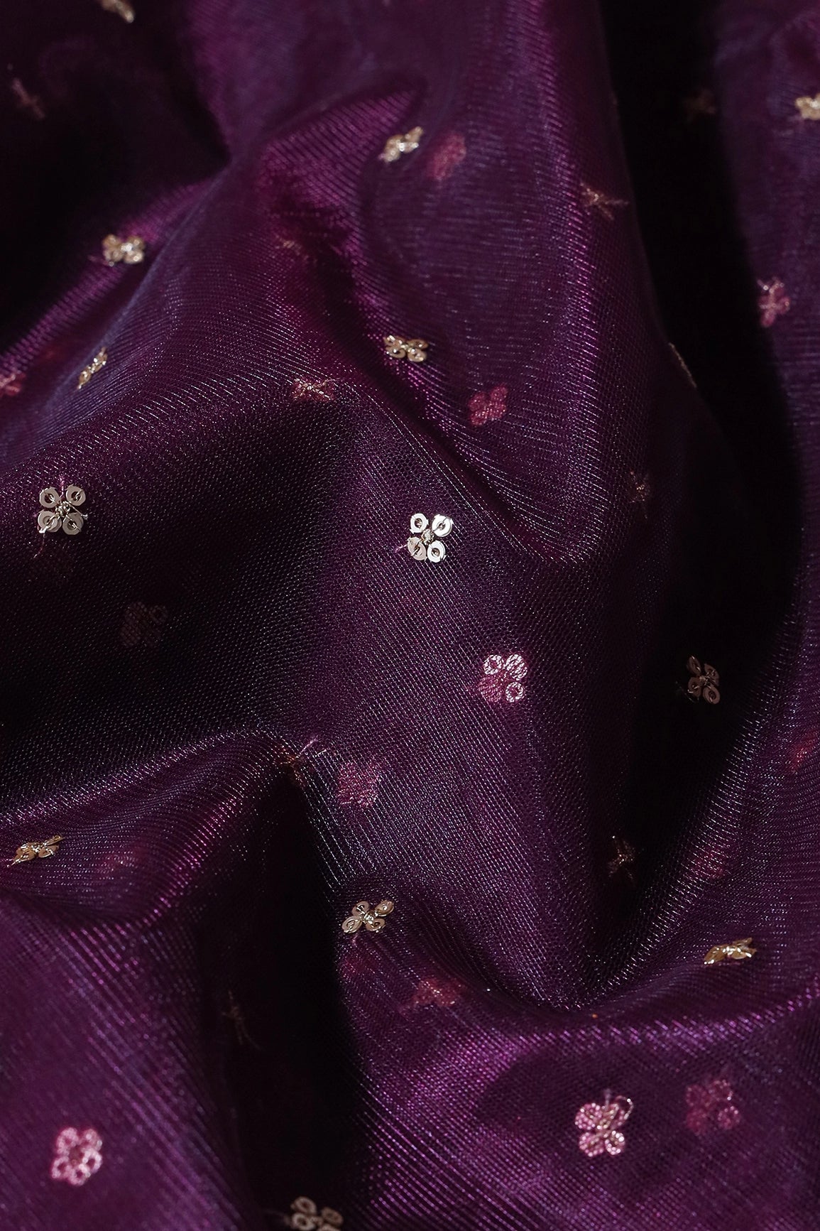 Gold Sequins Small Motif Embroidery Work On Wine Soft Net Fabric - doeraa