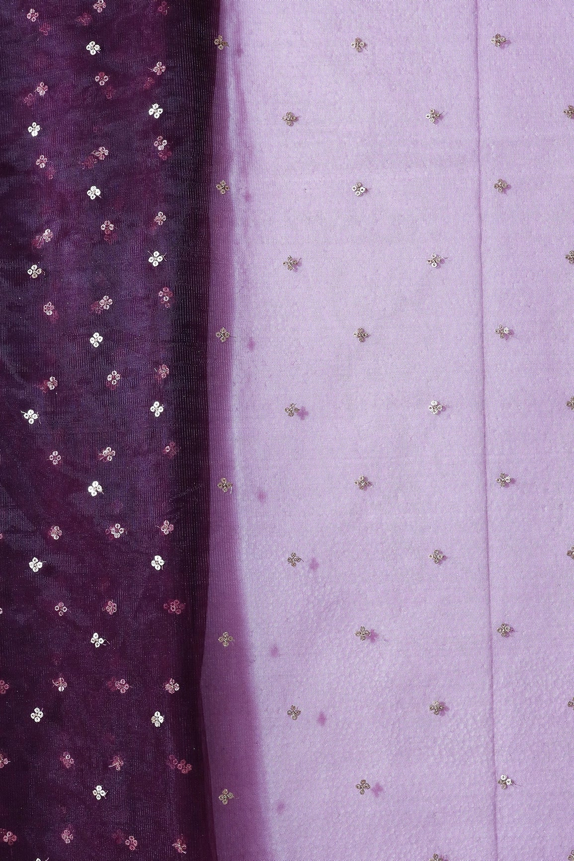 Gold Sequins Small Motif Embroidery Work On Wine Soft Net Fabric - doeraa