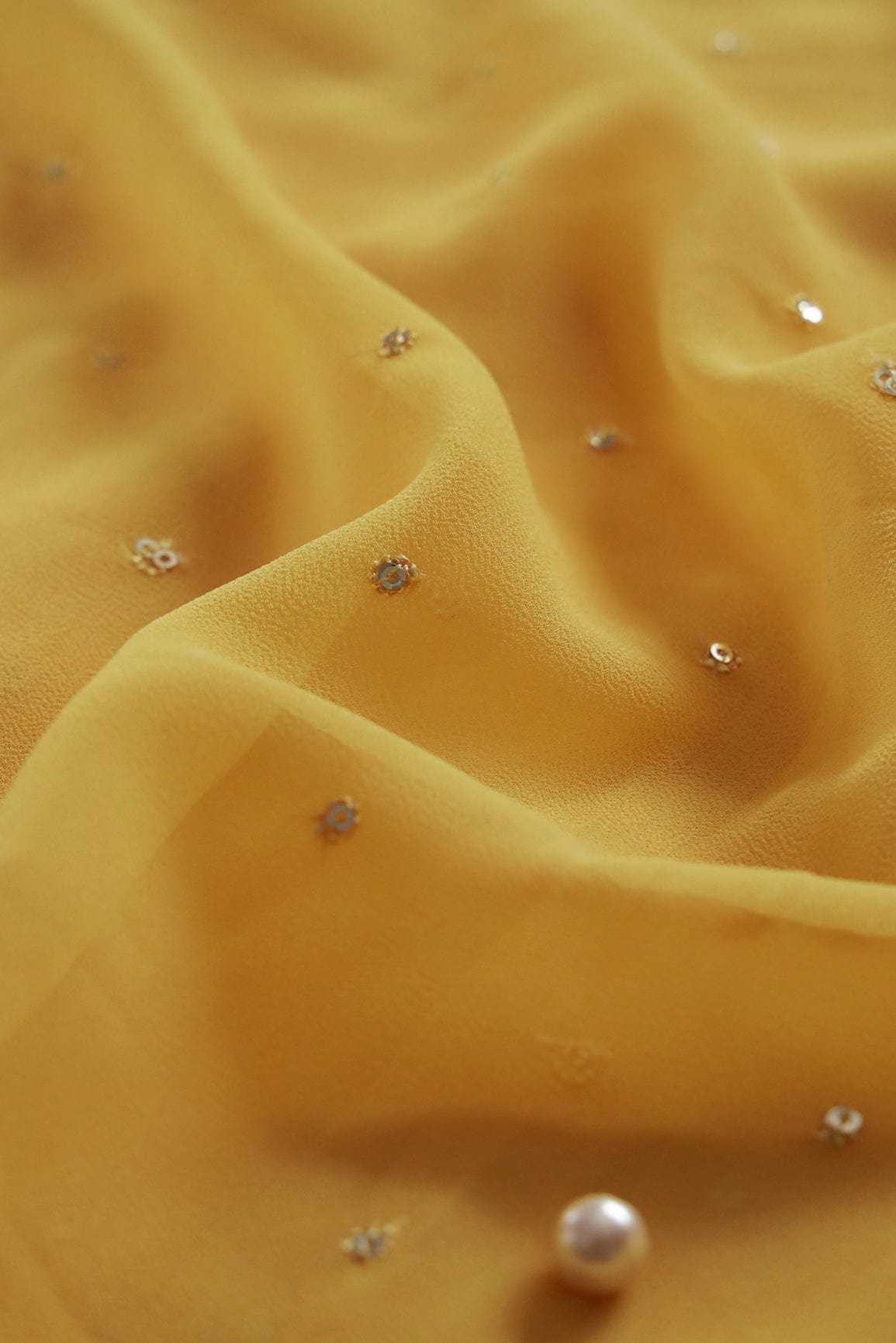 Gold Sequins Small Motif Embroidery Work On Yellow Georgette Fabric - doeraa