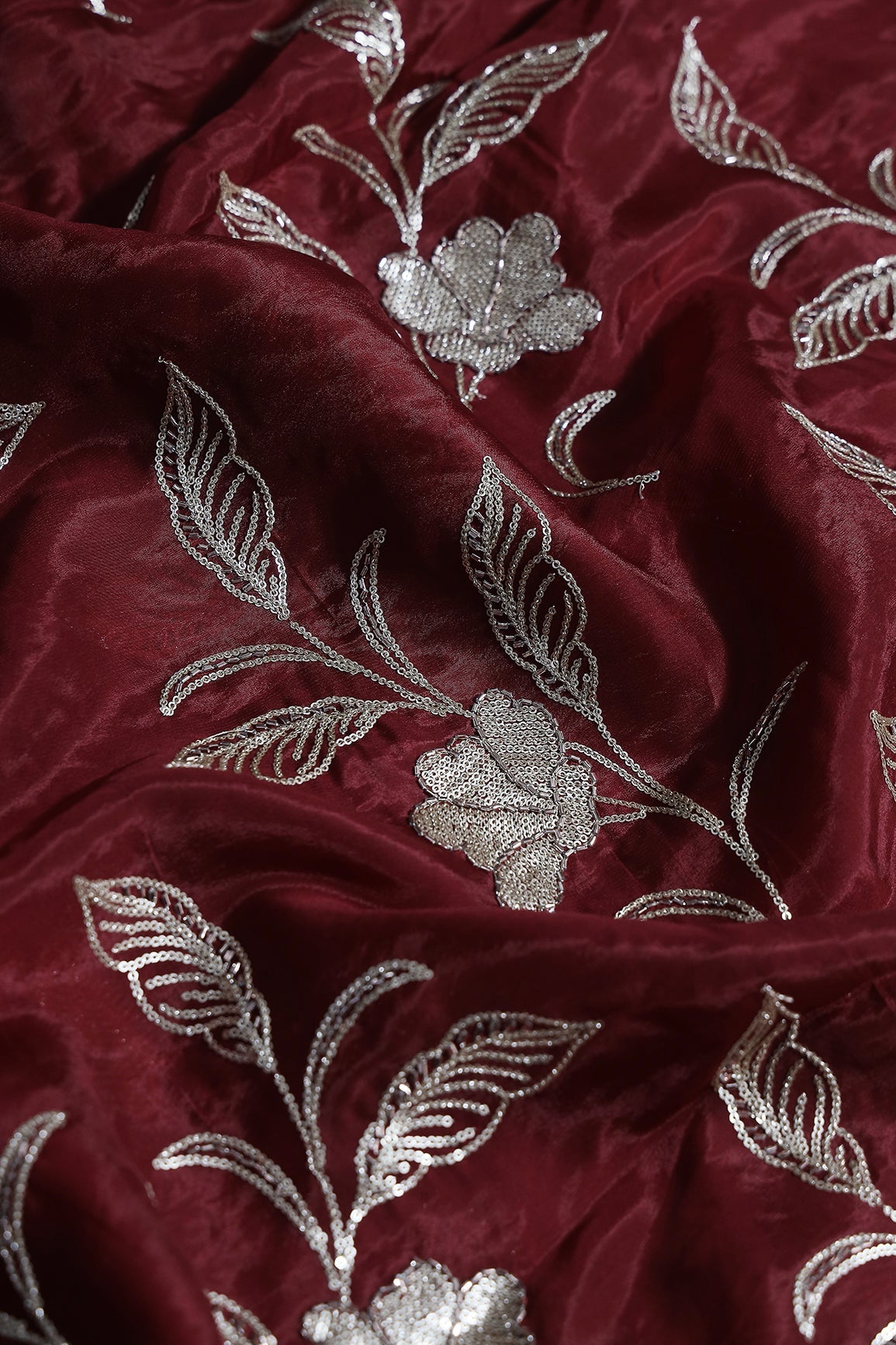 Gold Sequins With Beads Floral Leafy Embroidery Work On Maroon Pure Glass Tissue Organza Fabric - doeraa