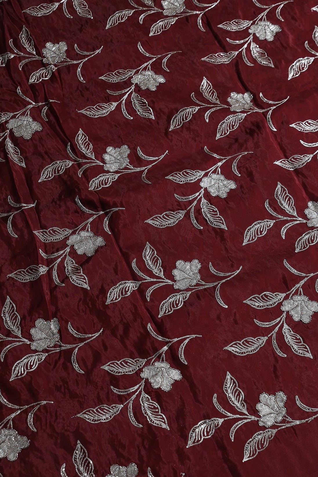 Gold Sequins With Beads Floral Leafy Embroidery Work On Maroon Pure Glass Tissue Organza Fabric - doeraa
