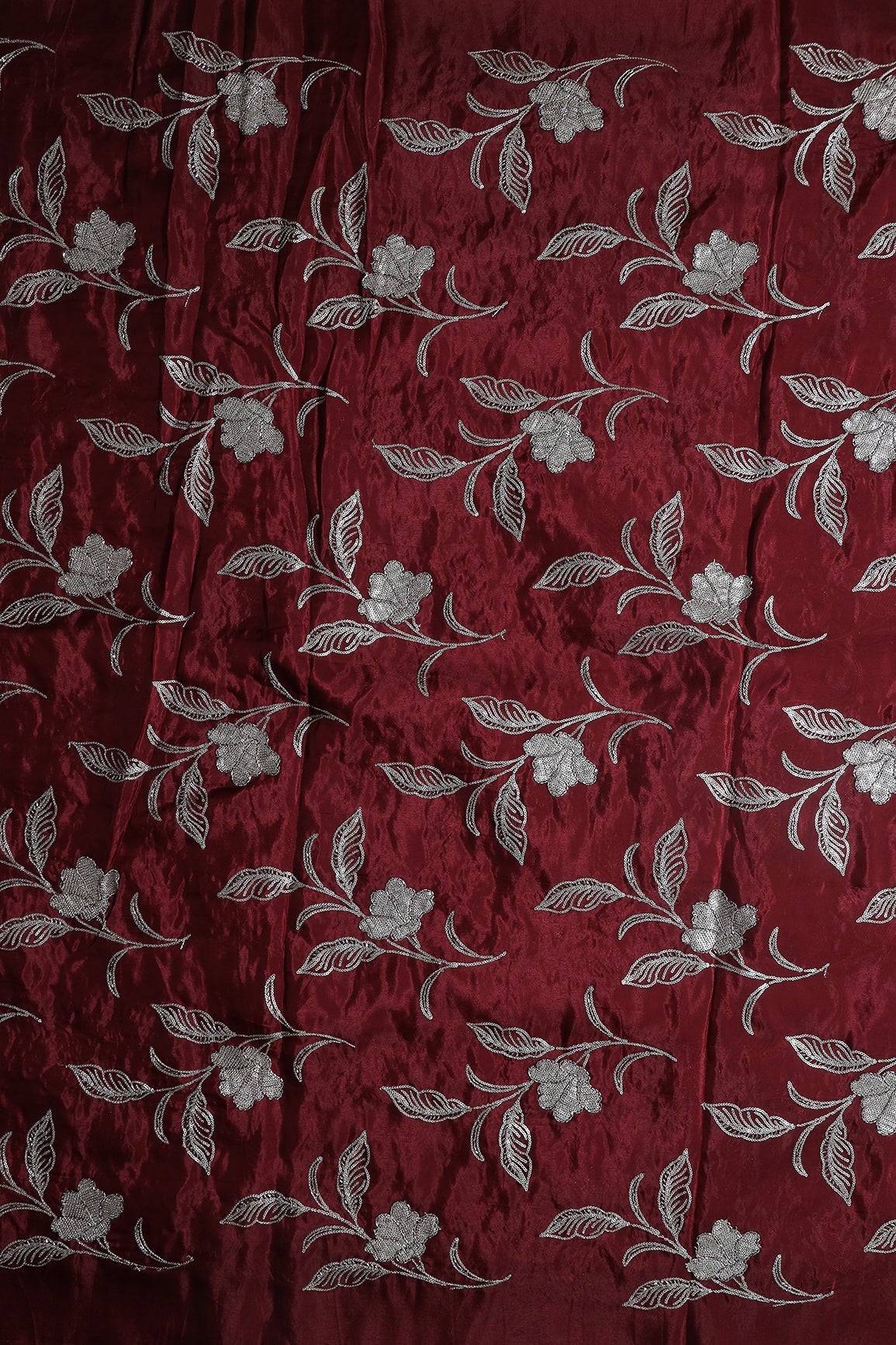 Gold Sequins With Beads Floral Leafy Embroidery Work On Maroon Pure Glass Tissue Organza Fabric - doeraa