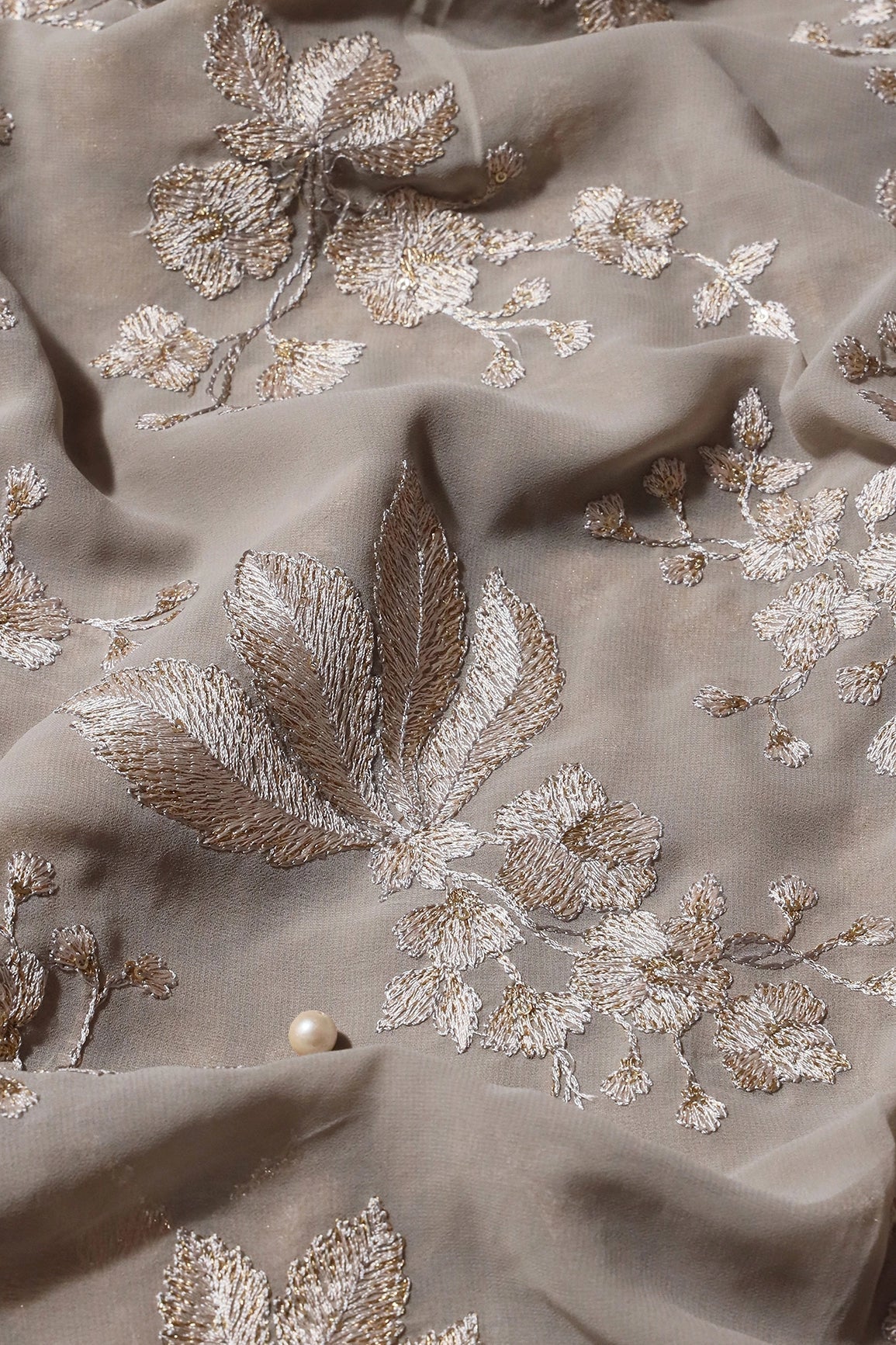 Gold Sequins With Cream Thread Floral Embroidery Work On Grey Georgette Fabric - doeraa