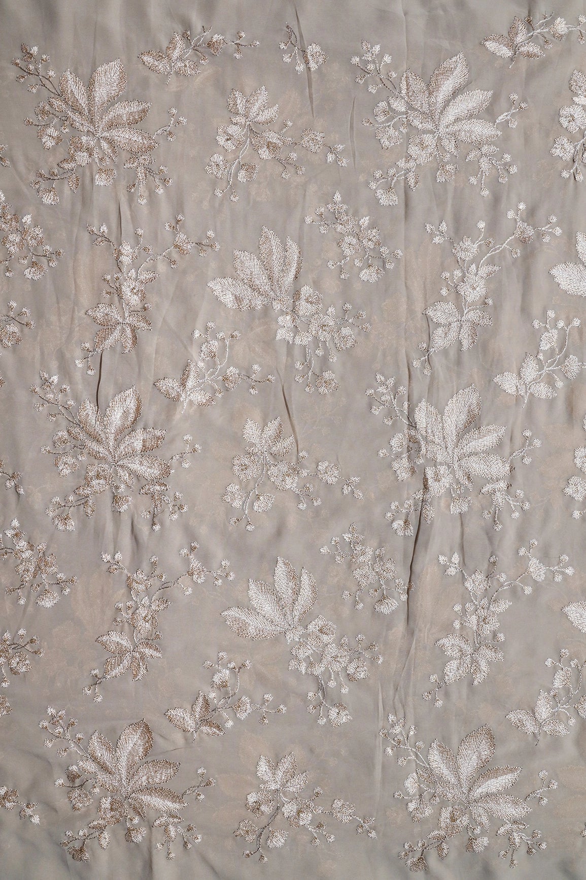 Gold Sequins With Cream Thread Floral Embroidery Work On Grey Georgette Fabric - doeraa