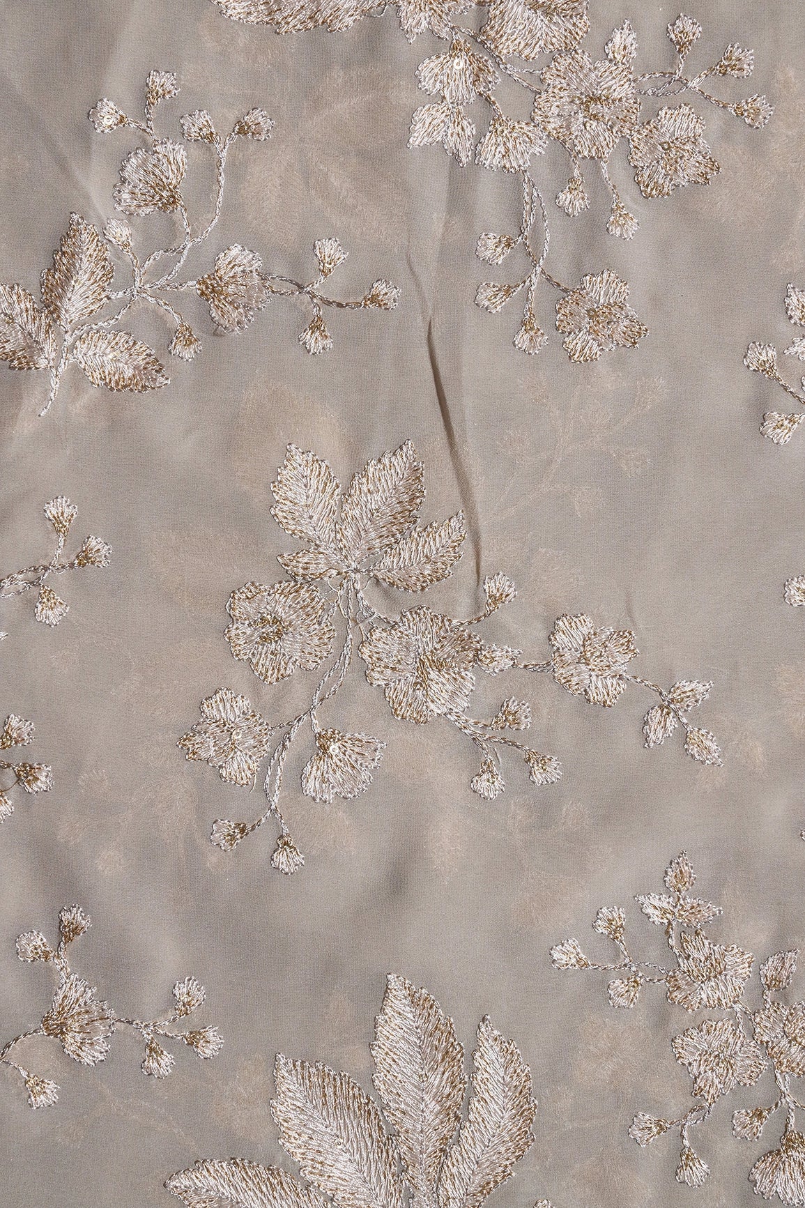 Gold Sequins With Cream Thread Floral Embroidery Work On Grey Georgette Fabric - doeraa