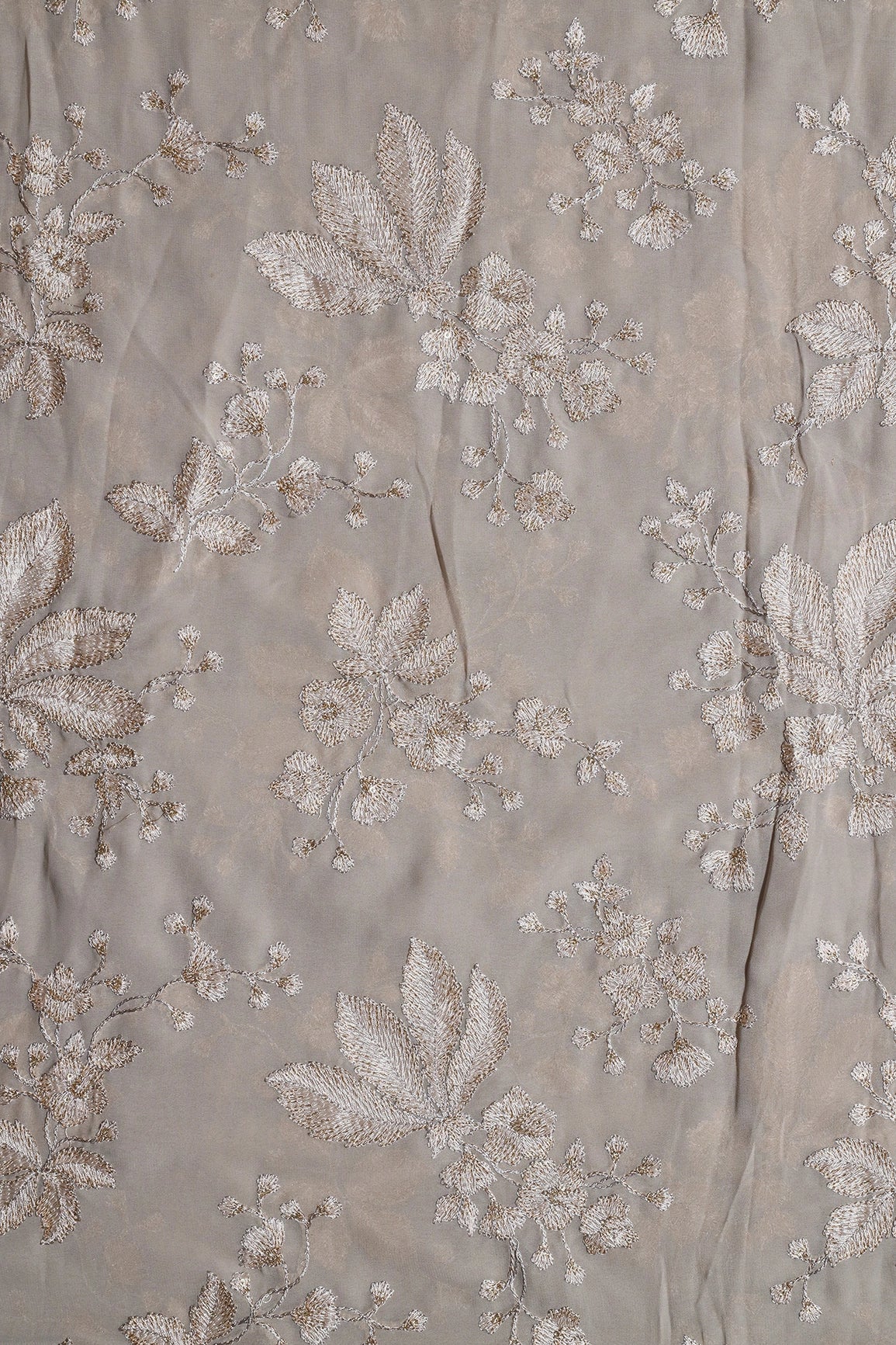 Gold Sequins With Cream Thread Floral Embroidery Work On Grey Georgette Fabric - doeraa