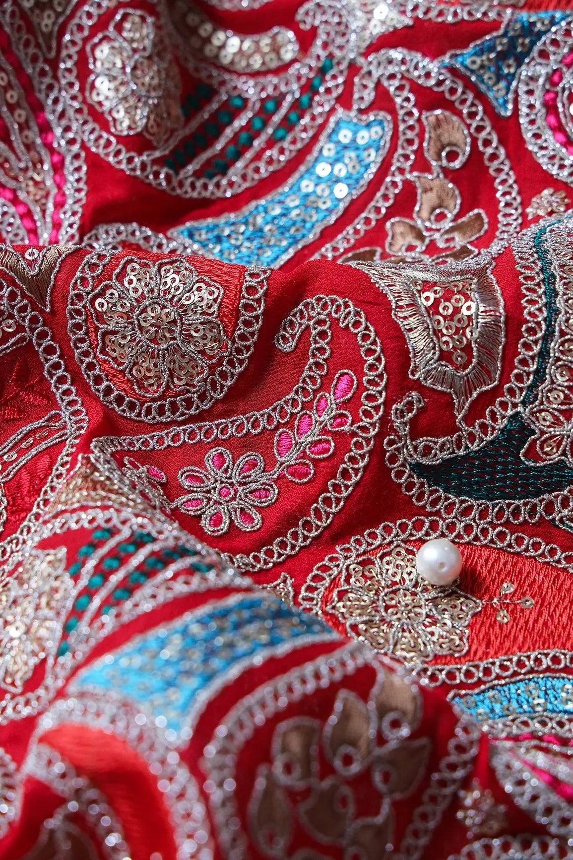 Gold Sequins With Gold Zari Beautiful Paisley Embroidery On Red Viscose Georgette Fabric - doeraa