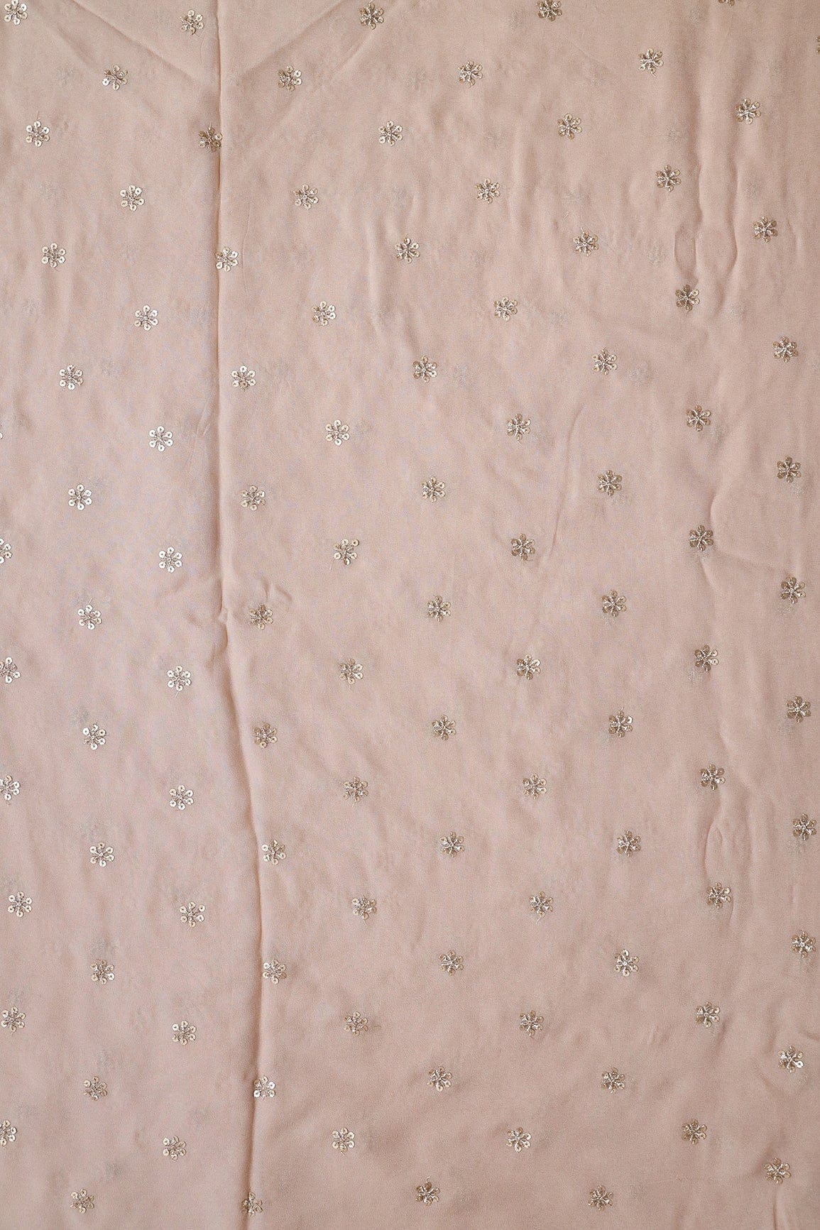 Gold Sequins With Gold Zari Beautiful Small Motif Embroidery On Beige Viscose Georgette Fabric - doeraa