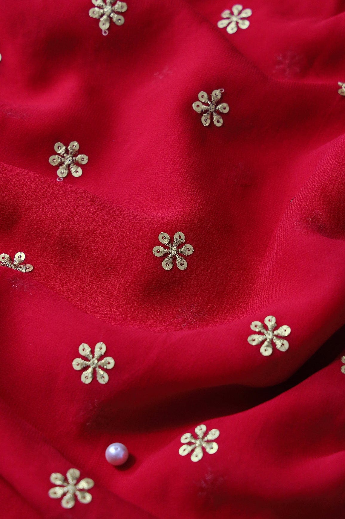 Gold Sequins With Gold Zari Beautiful Small Motif Embroidery On Red Viscose Georgette Fabric - doeraa