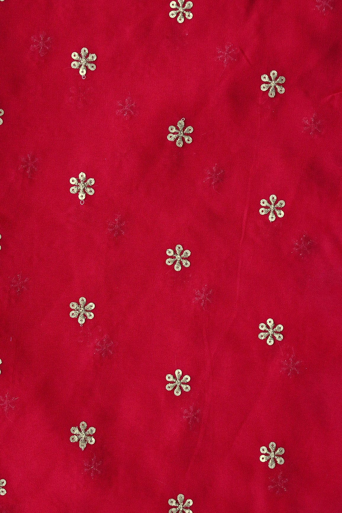 Gold Sequins With Gold Zari Beautiful Small Motif Embroidery On Red Viscose Georgette Fabric - doeraa
