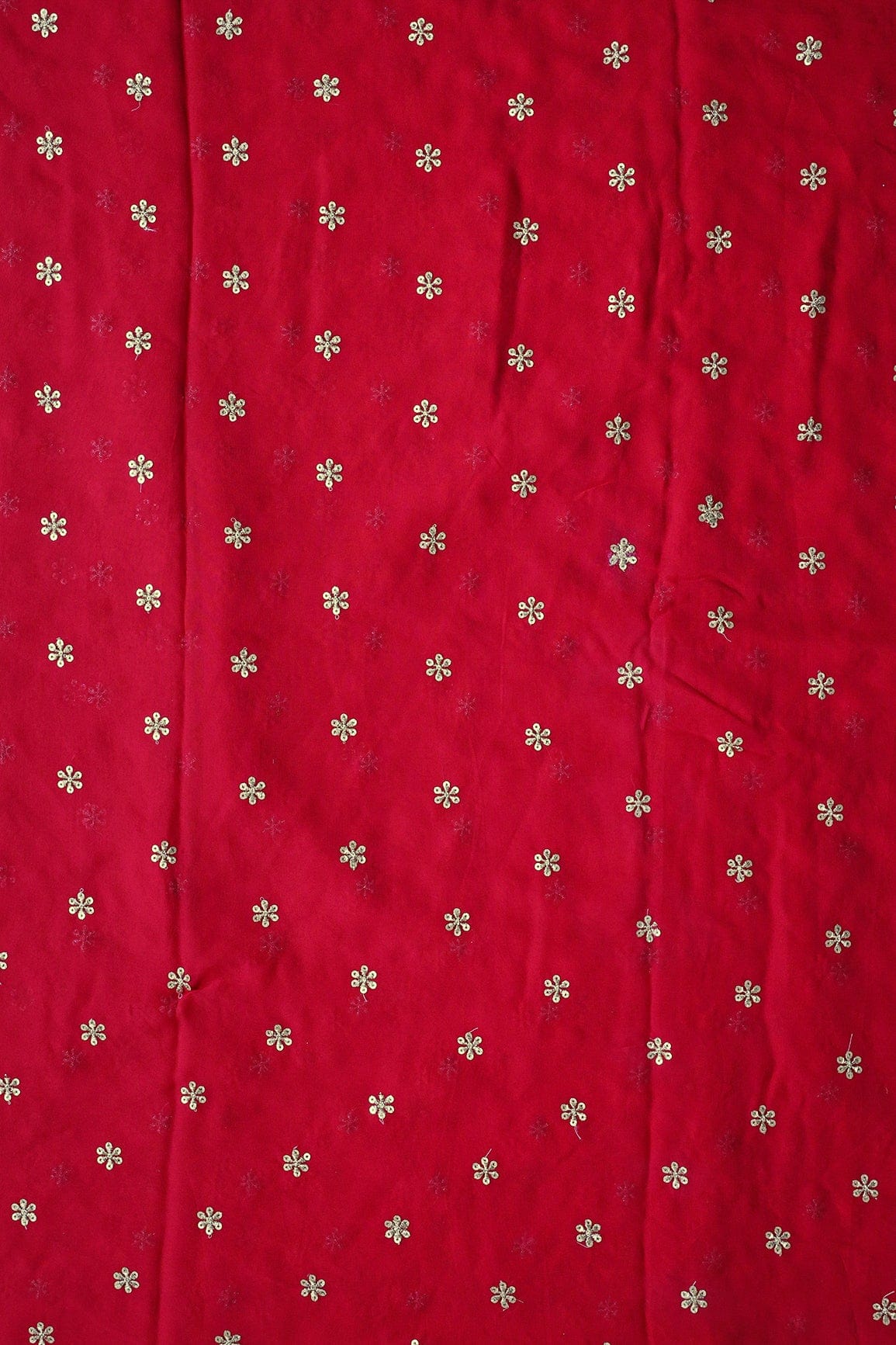 Gold Sequins With Gold Zari Beautiful Small Motif Embroidery On Red Viscose Georgette Fabric - doeraa