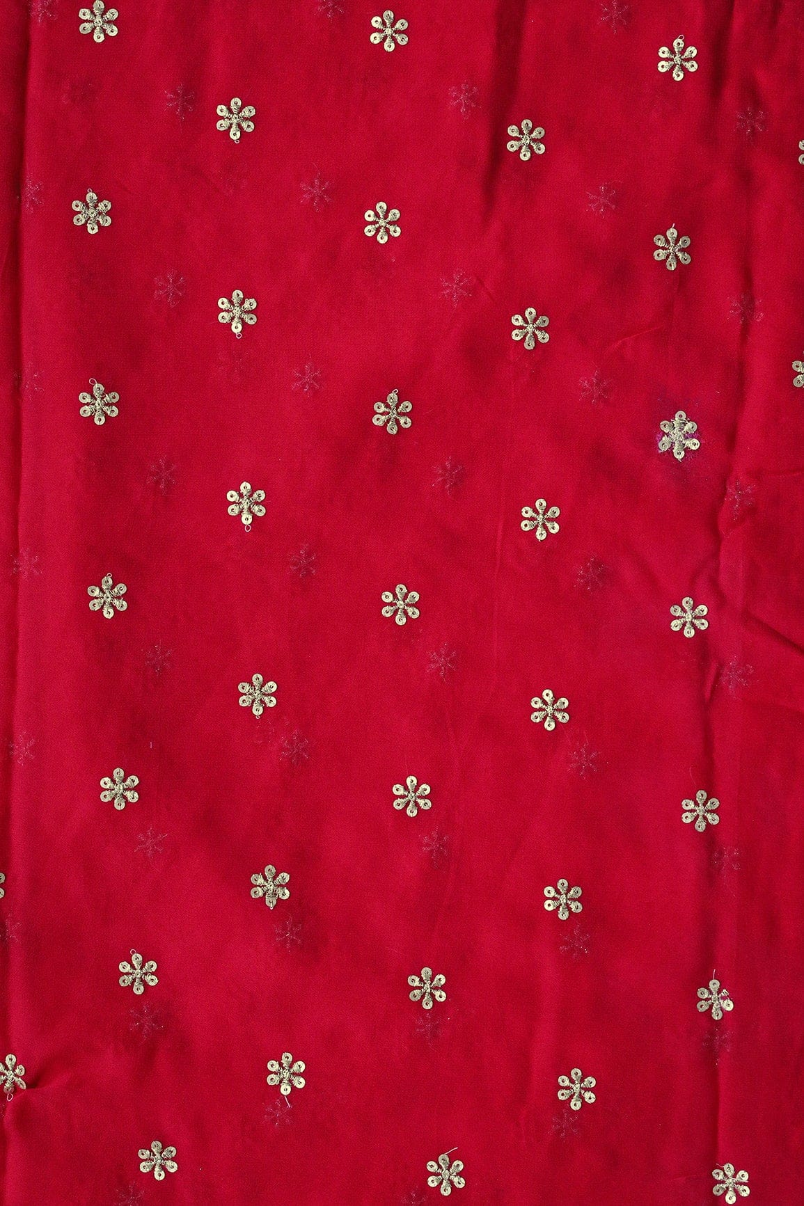 Gold Sequins With Gold Zari Beautiful Small Motif Embroidery On Red Viscose Georgette Fabric - doeraa