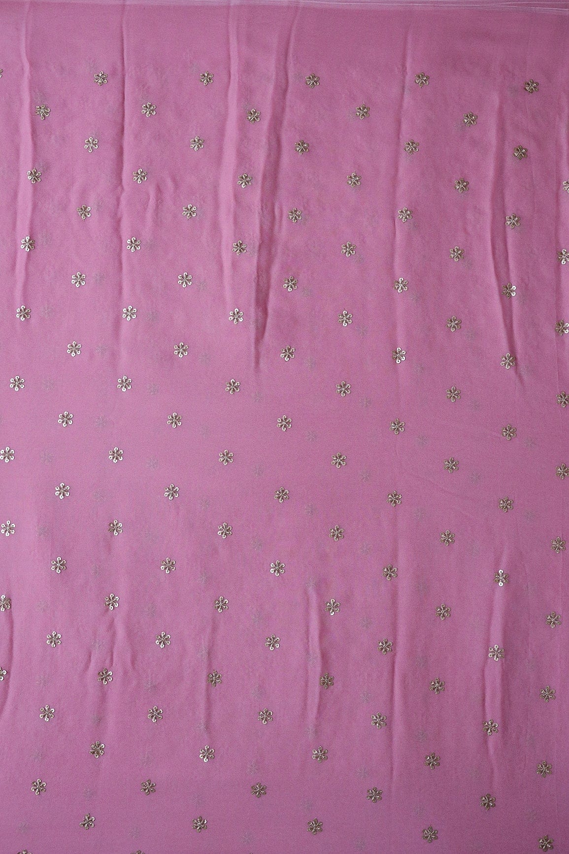 Gold Sequins With Gold Zari Beautiful Small Motif Embroidery On Thulian Pink Viscose Georgette Fabric - doeraa