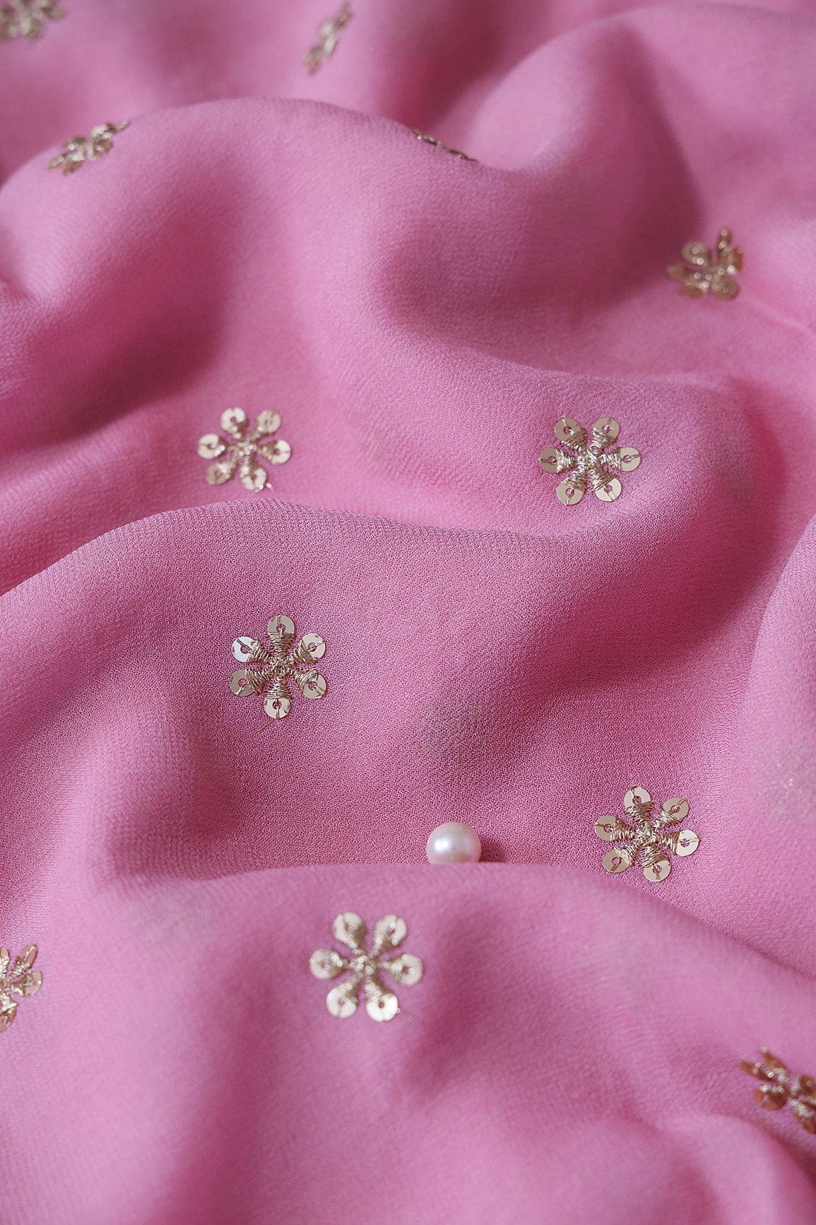 Gold Sequins With Gold Zari Beautiful Small Motif Embroidery On Thulian Pink Viscose Georgette Fabric - doeraa