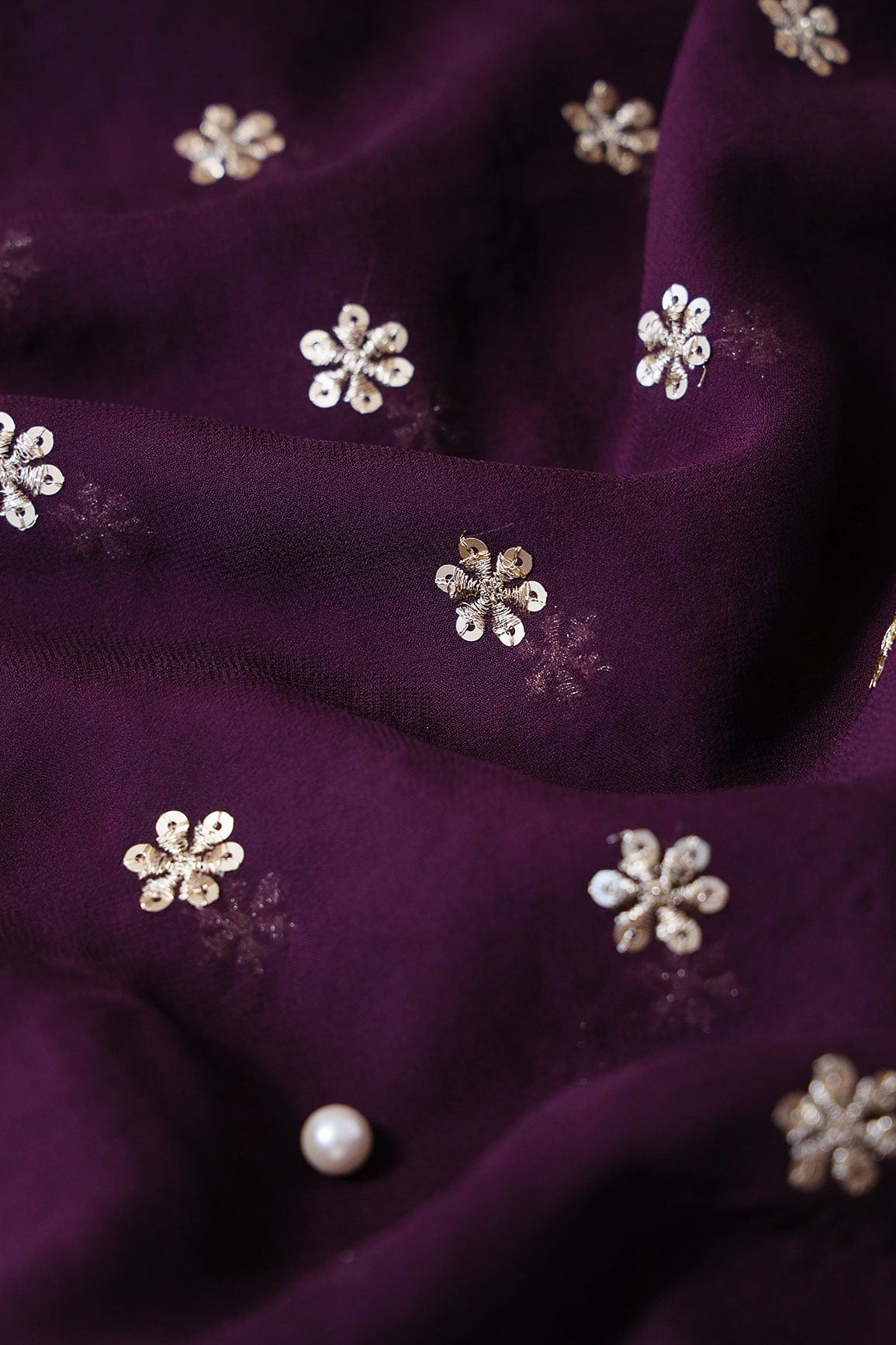 Gold Sequins With Gold Zari Beautiful Small Motif Embroidery On Wine Viscose Georgette Fabric - doeraa
