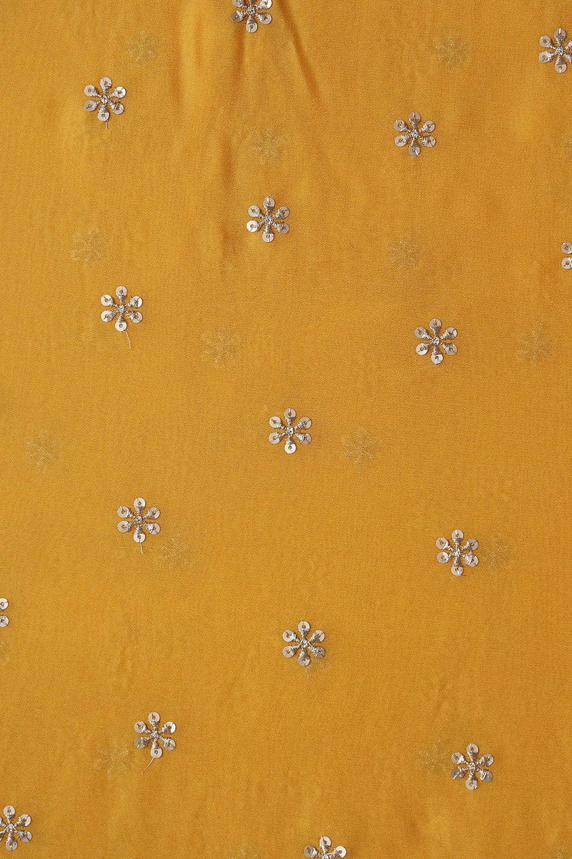 Gold Sequins With Gold Zari Beautiful Small Motif Embroidery On Yellow Viscose Georgette Fabric - doeraa