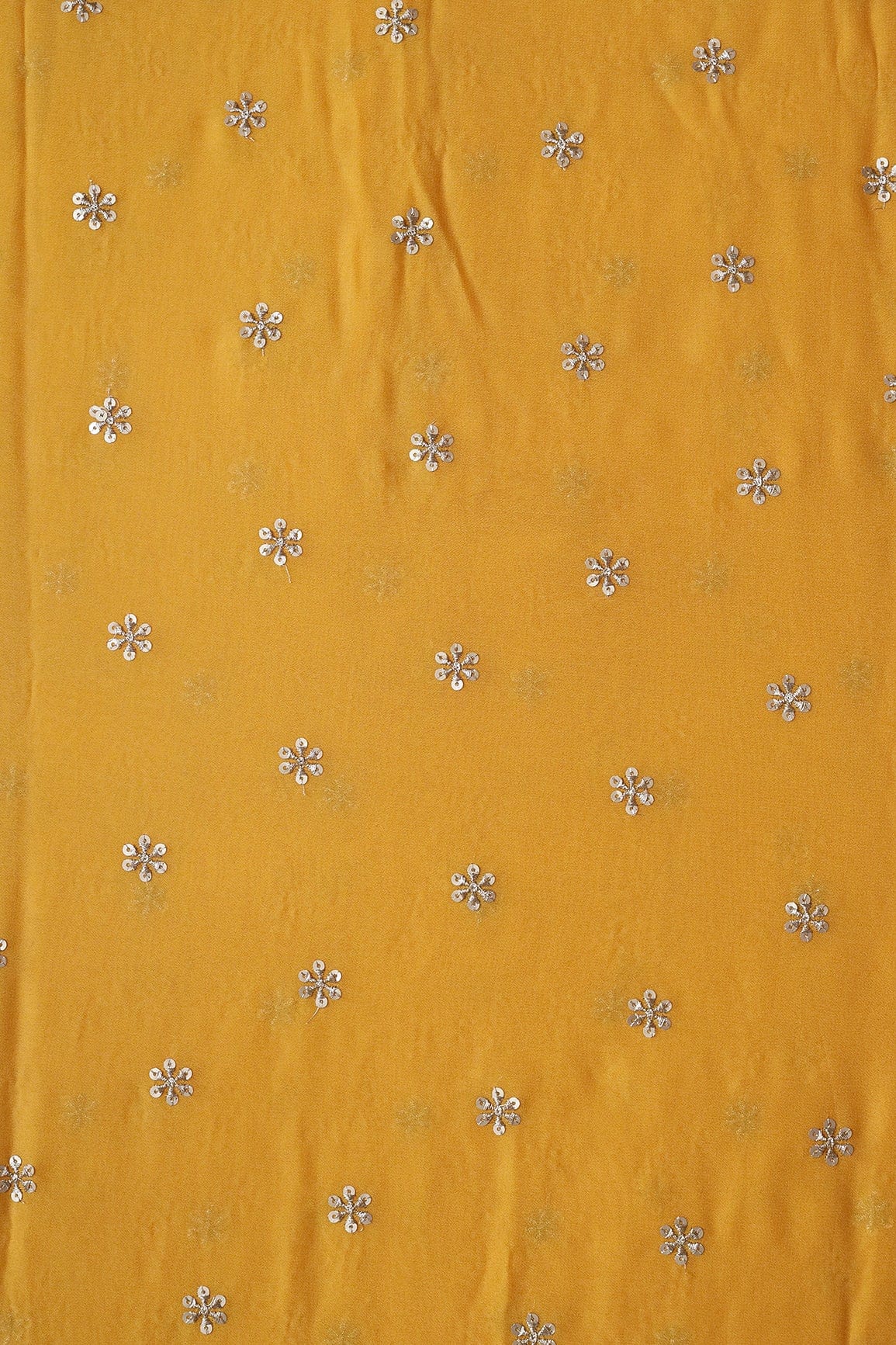 Gold Sequins With Gold Zari Beautiful Small Motif Embroidery On Yellow Viscose Georgette Fabric - doeraa