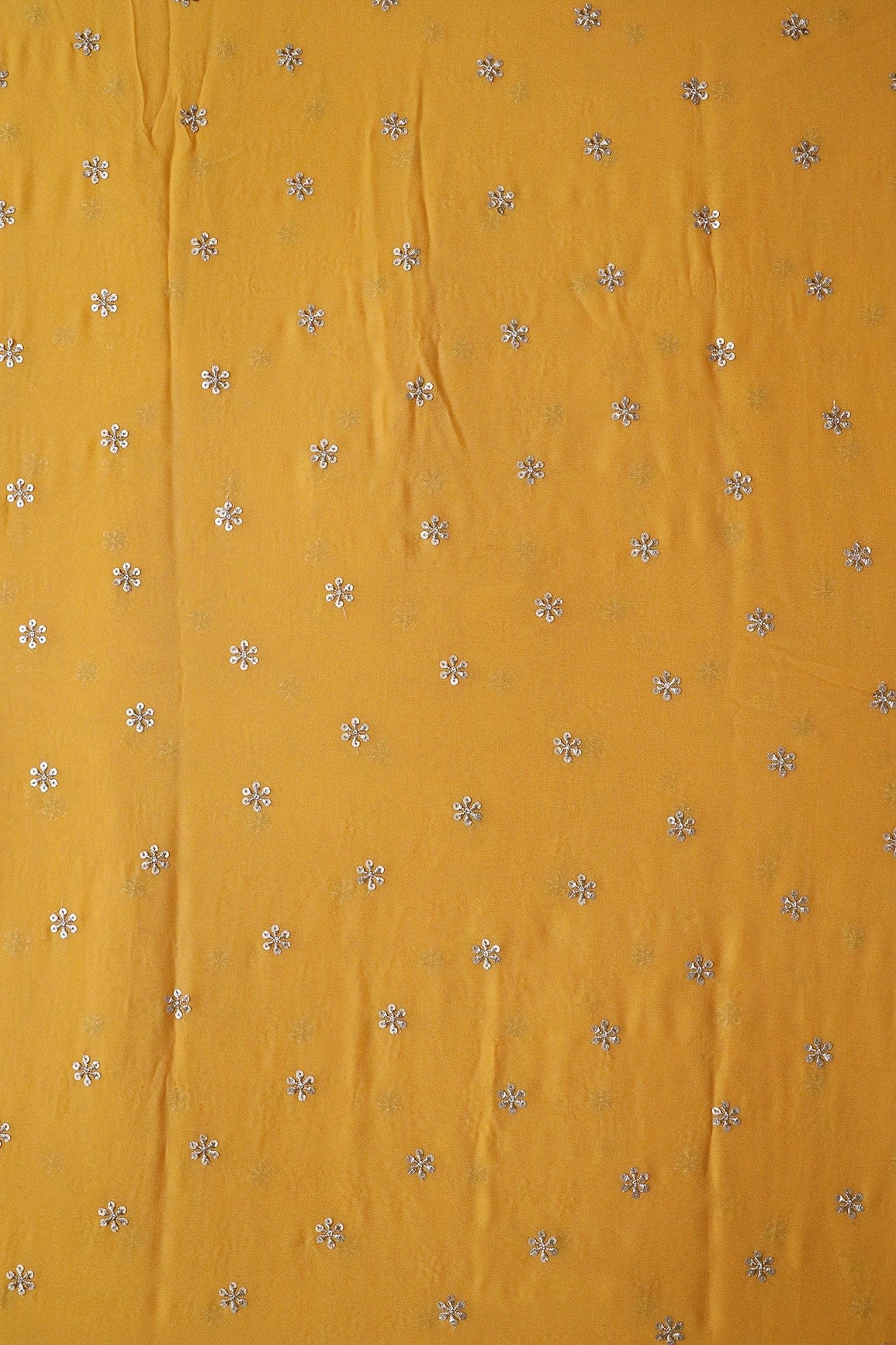 Gold Sequins With Gold Zari Beautiful Small Motif Embroidery On Yellow Viscose Georgette Fabric - doeraa